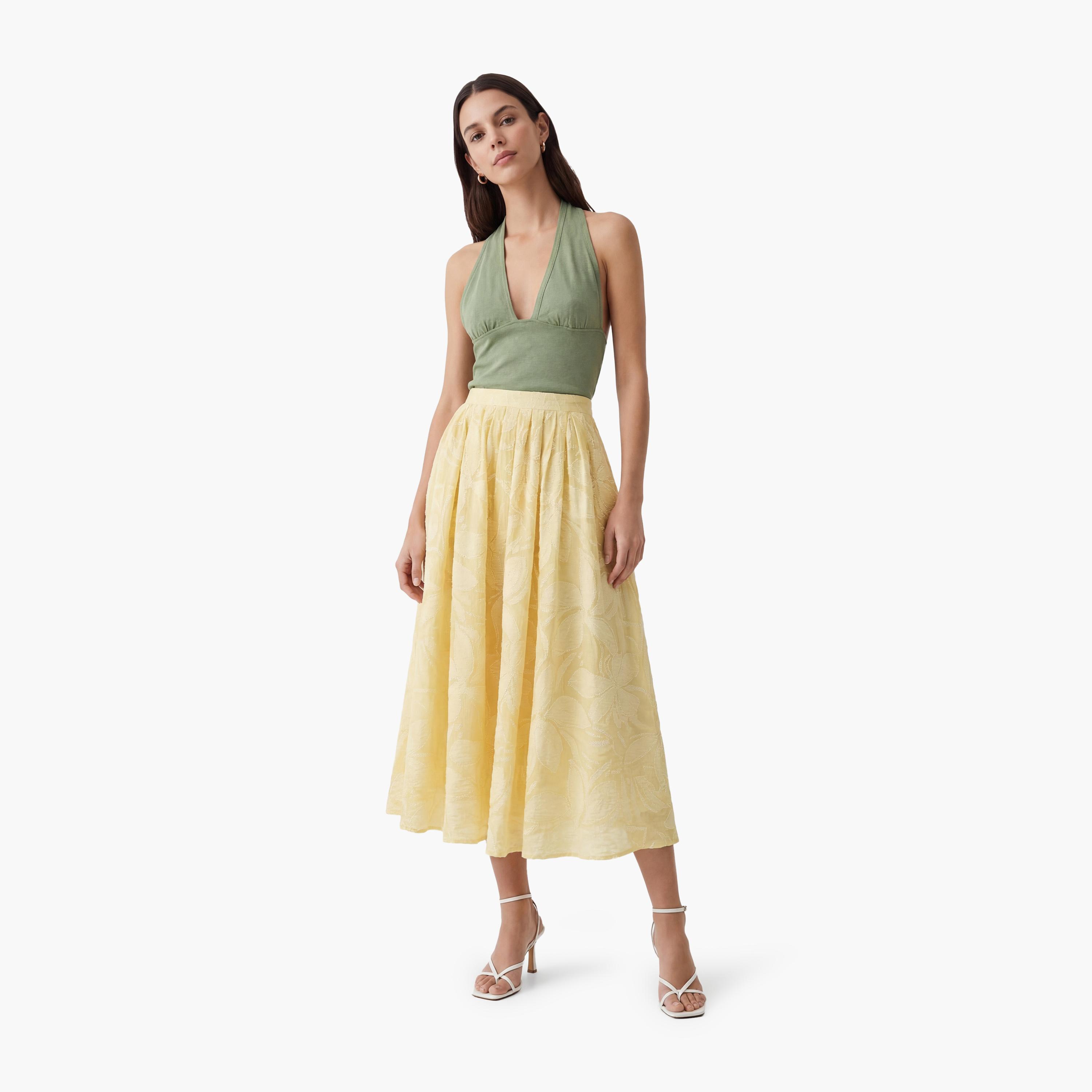 تنورة ميدي نسائية بقصة كلوش من قماش الجاكار بنقشة زهور صفراء من كوتون-women-clothing-bottoms-skirts-image-2