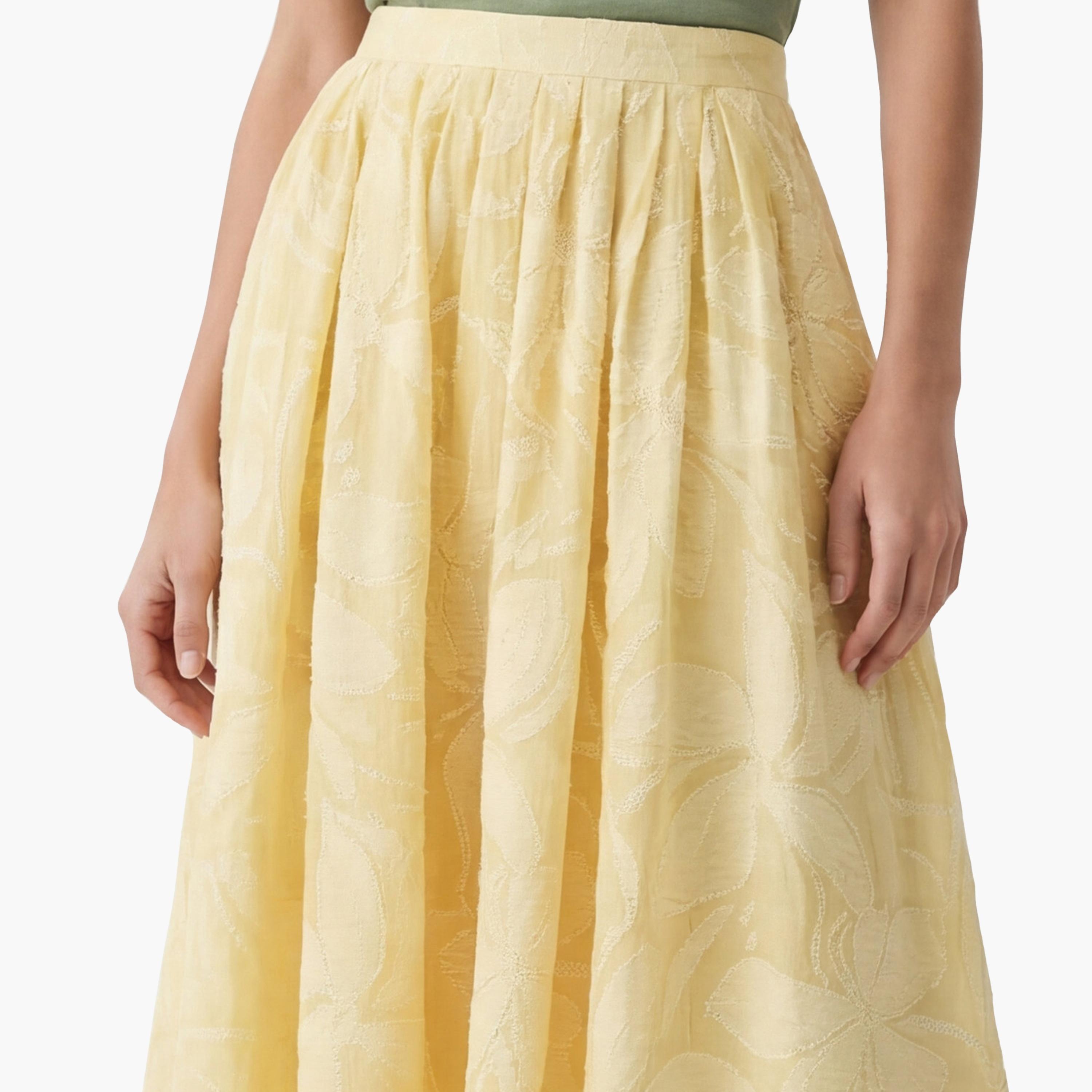 تنورة ميدي نسائية بقصة كلوش من قماش الجاكار بنقشة زهور صفراء من كوتون-women-clothing-bottoms-skirts-image-5