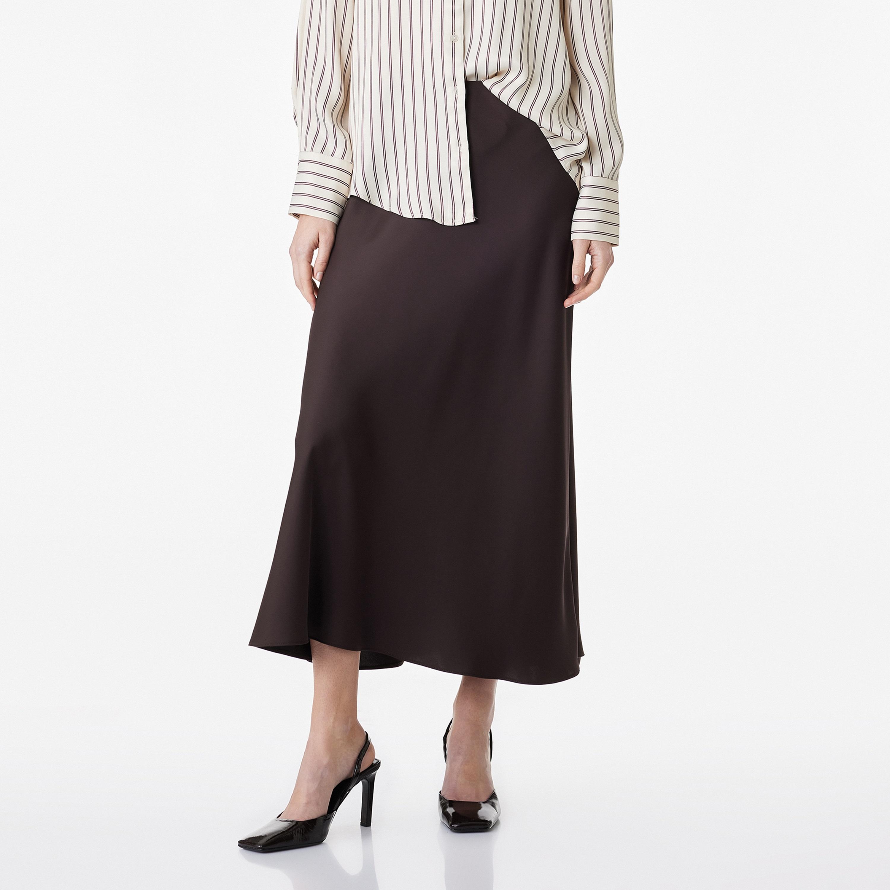 تنورة ميدي نسائية قصة "ايه-لاين" بلون بني من كوتون-women-clothing-bottoms-skirts-image-1