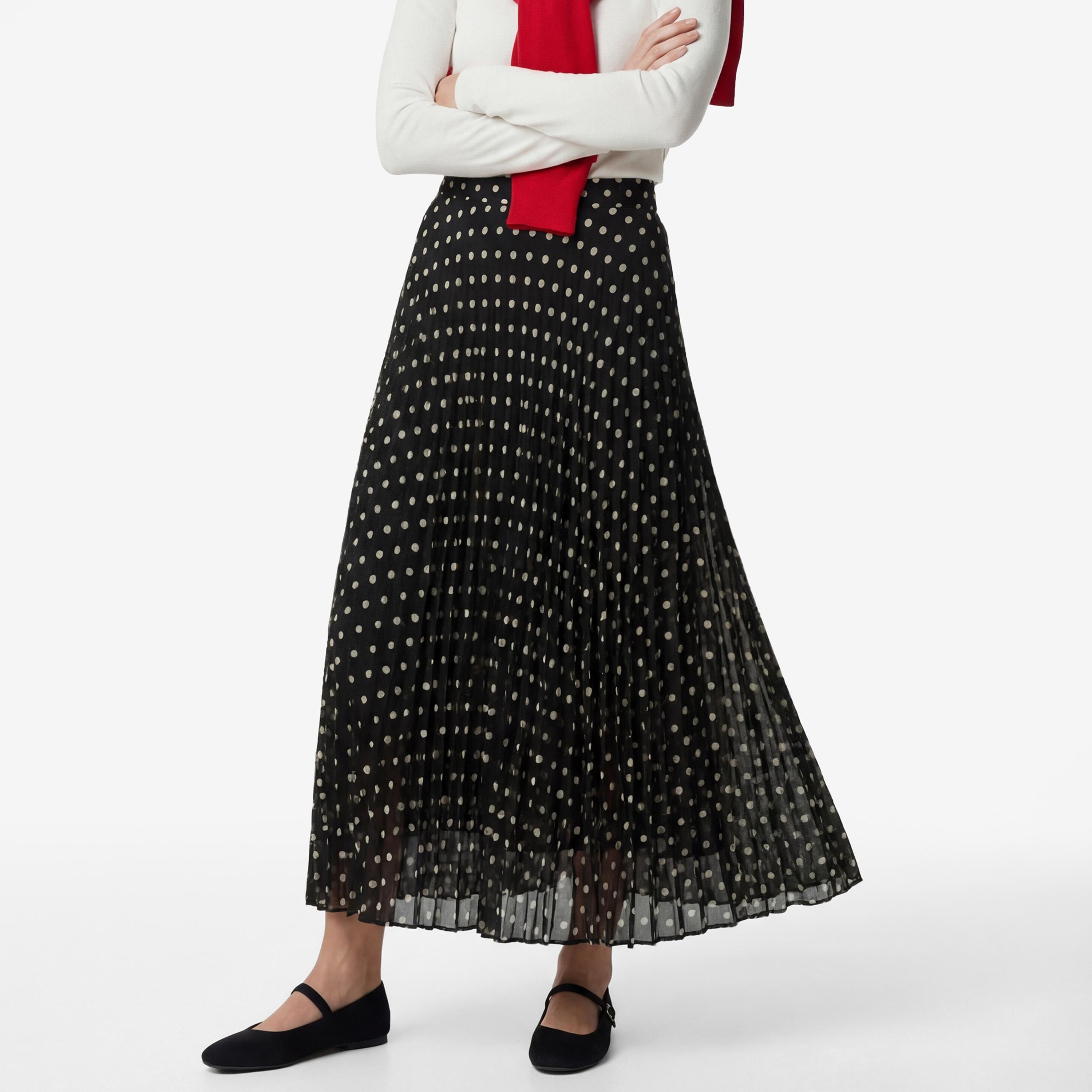 تنورة ميدي نسائية مكسرة (بليسيه) قصة "ايه-لاين" بنقشة منقطة سوداء من كوتون-women-clothing-bottoms-skirts-image-1