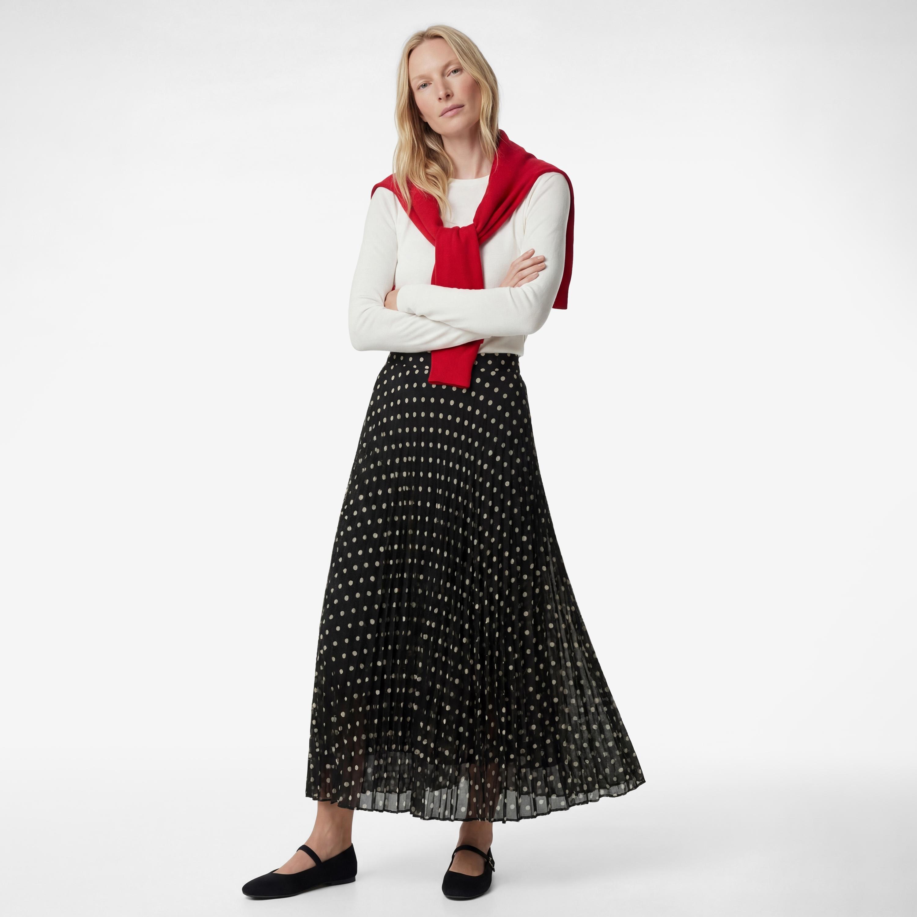 تنورة ميدي نسائية مكسرة (بليسيه) قصة "ايه-لاين" بنقشة منقطة سوداء من كوتون-women-clothing-bottoms-skirts-image-2