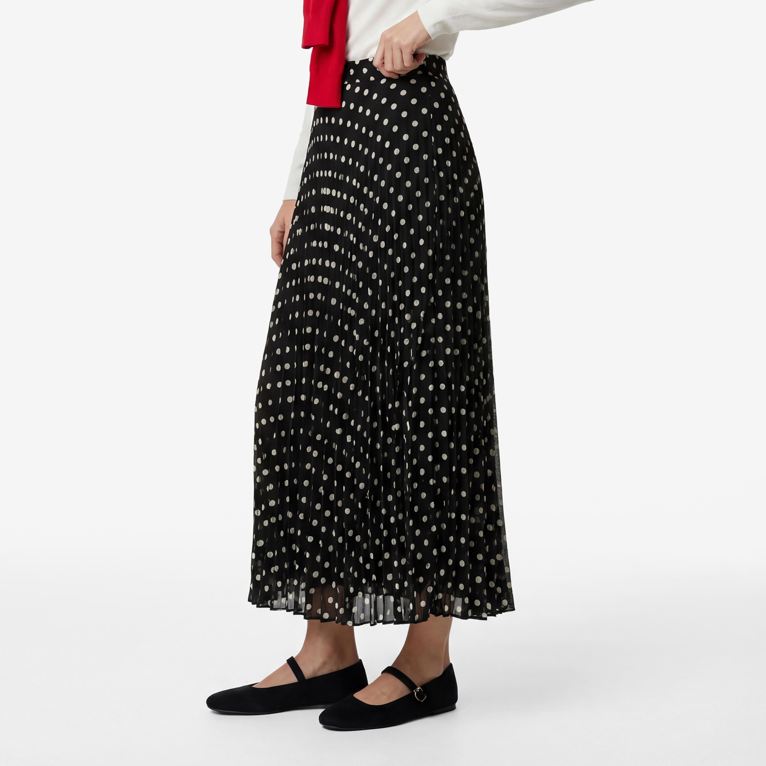 تنورة ميدي نسائية مكسرة (بليسيه) قصة "ايه-لاين" بنقشة منقطة سوداء من كوتون-women-clothing-bottoms-skirts-image-3