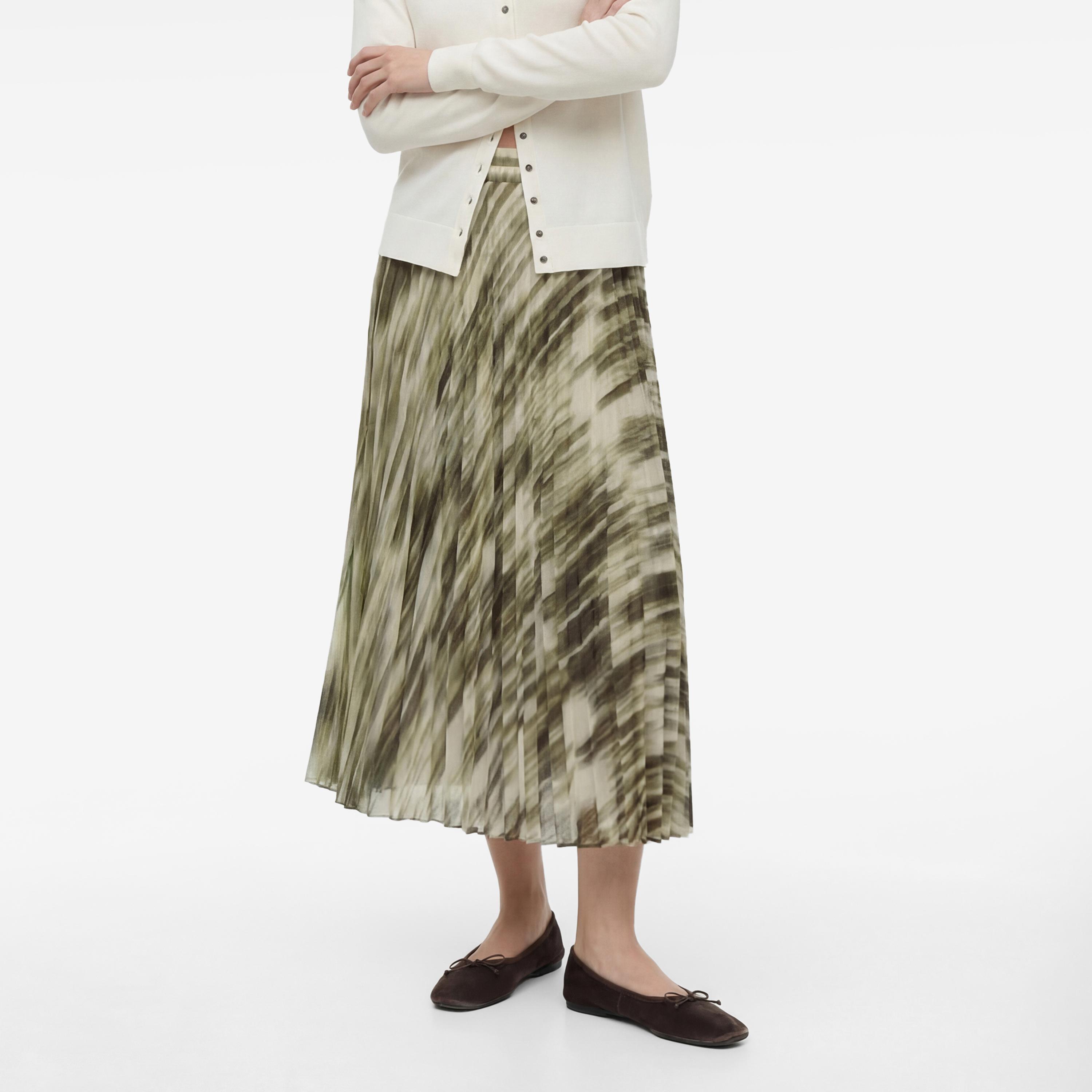 تنورة ميدي نسائية مكسرة (بليسيه) قصة "ايه-لاين" بطبعة تجريدية خضراء من كوتون-women-clothing-bottoms-skirts-image-1