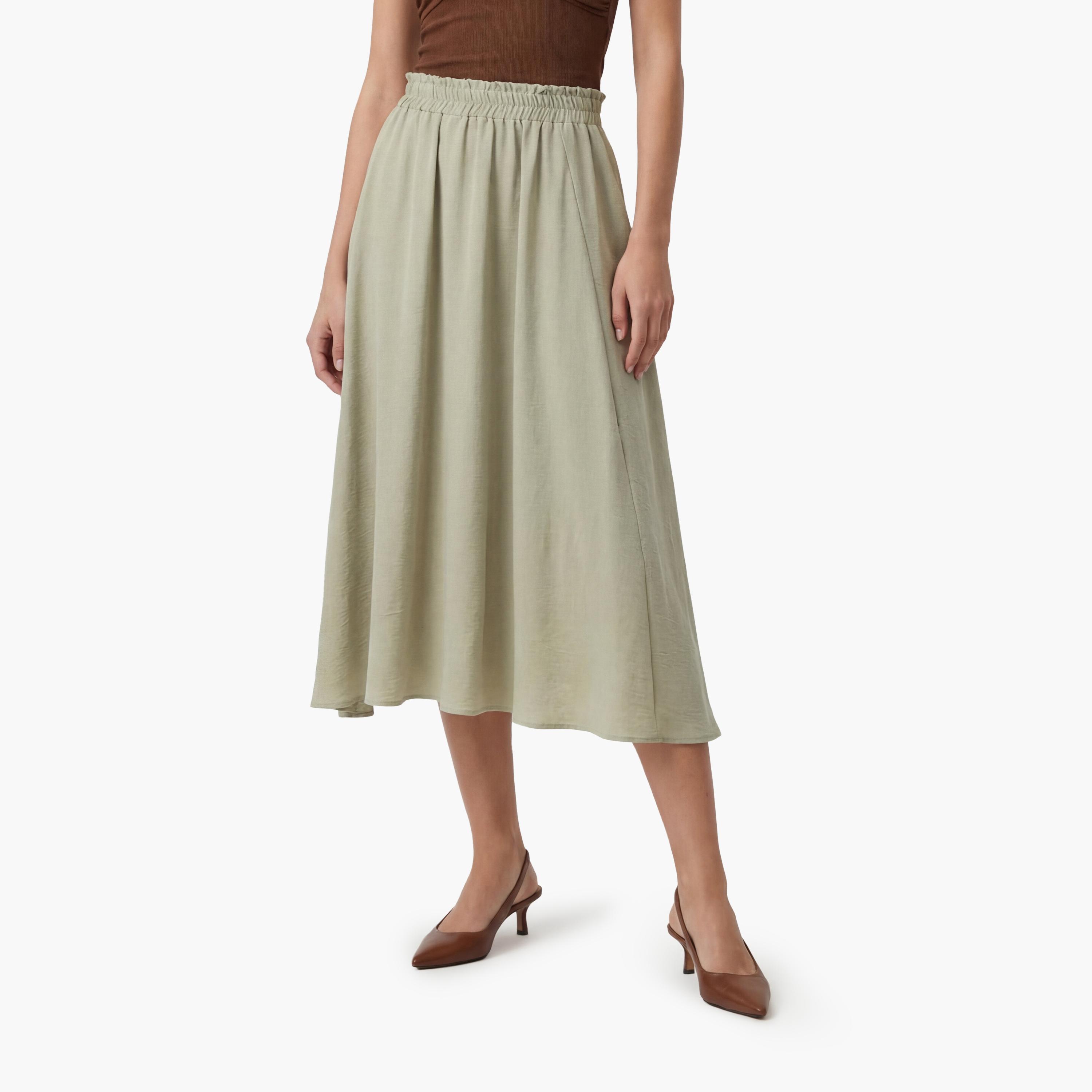 تنورة ميدي نسائية بقصة كلوش (فلير) بلون أخضر من كوتون-women-clothing-bottoms-skirts-image-1