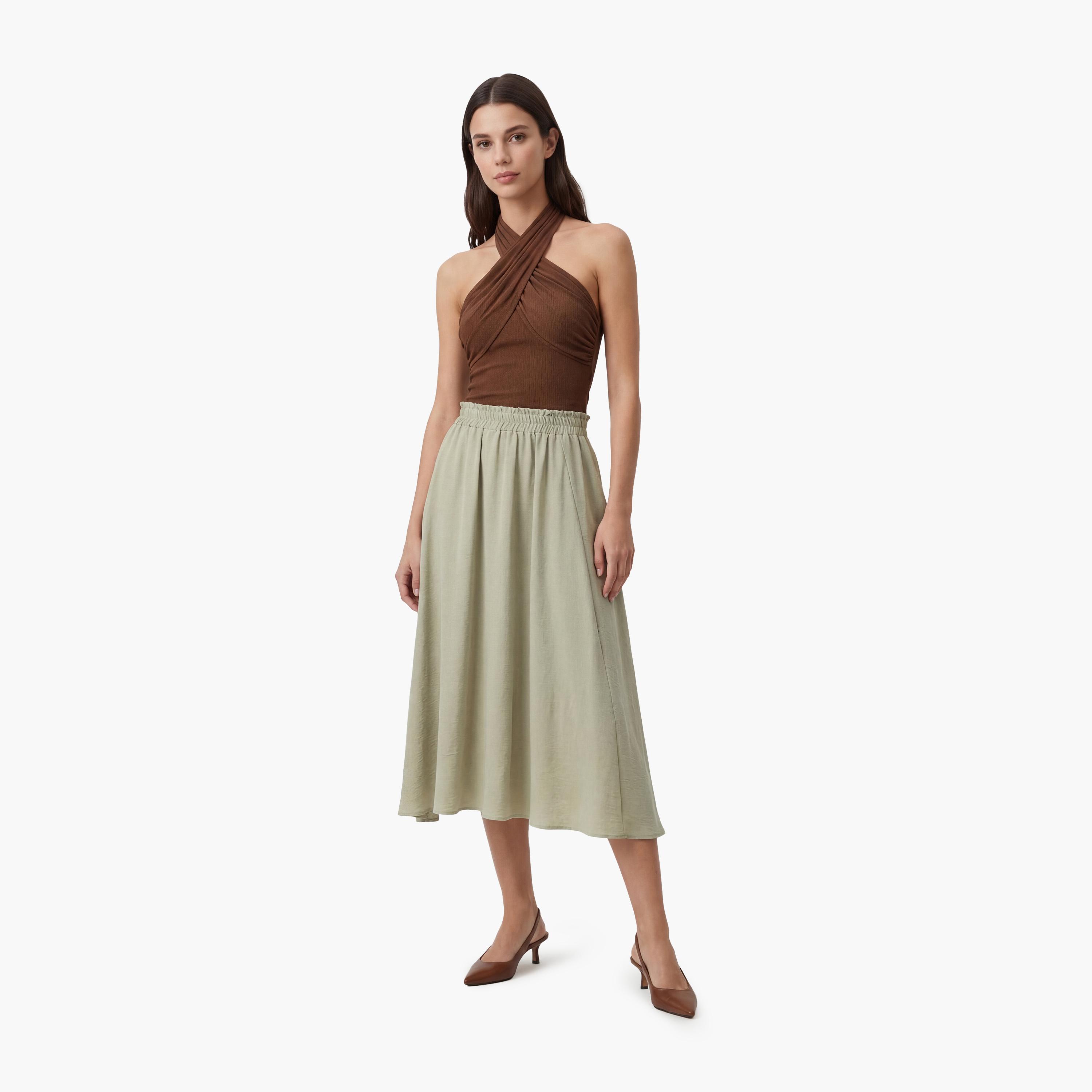 تنورة ميدي نسائية بقصة كلوش (فلير) بلون أخضر من كوتون-women-clothing-bottoms-skirts-image-2