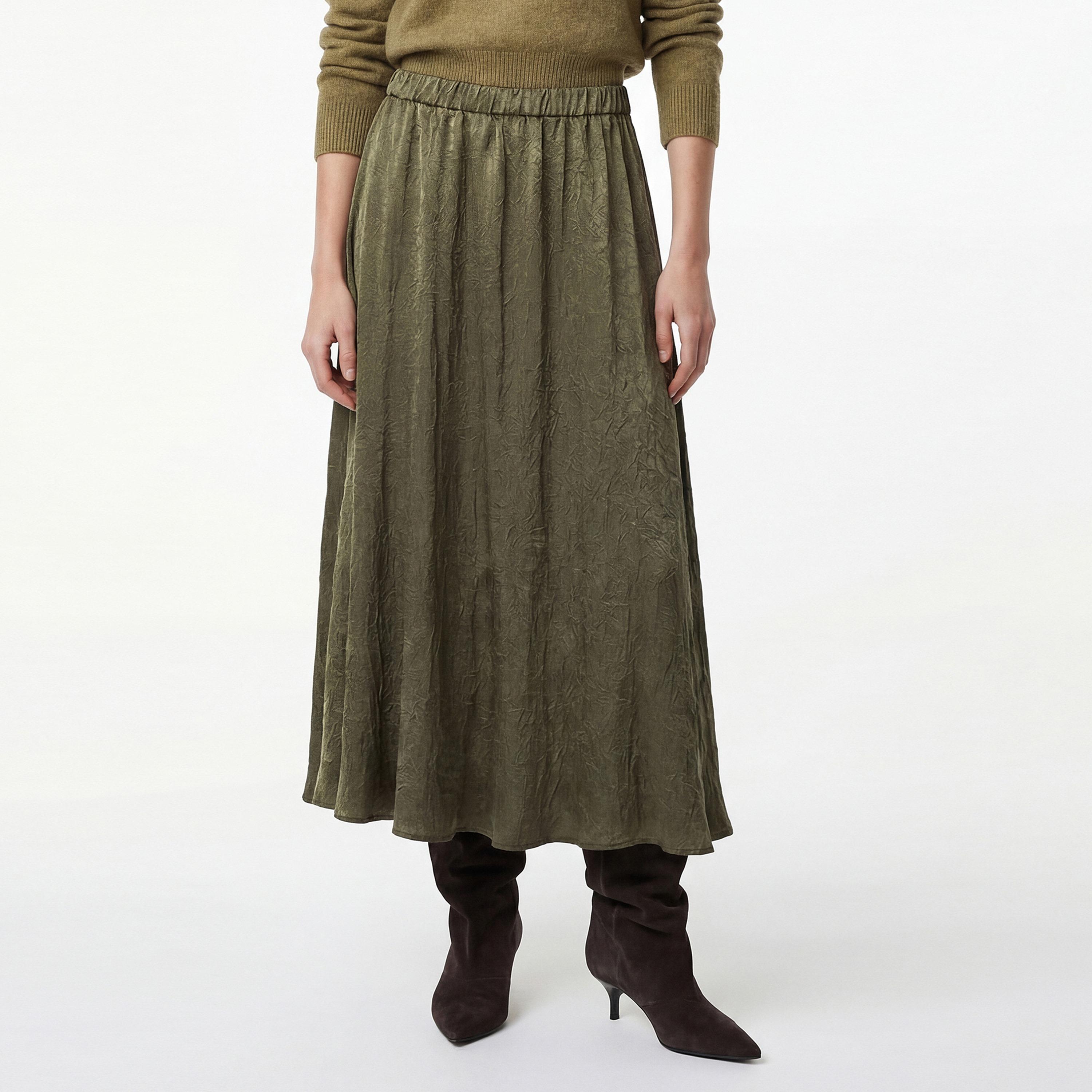 تنورة ميدي نسائية بقصة كلوش من قماش مجعد بلون أخضر من كوتون-women-clothing-bottoms-skirts-image-1