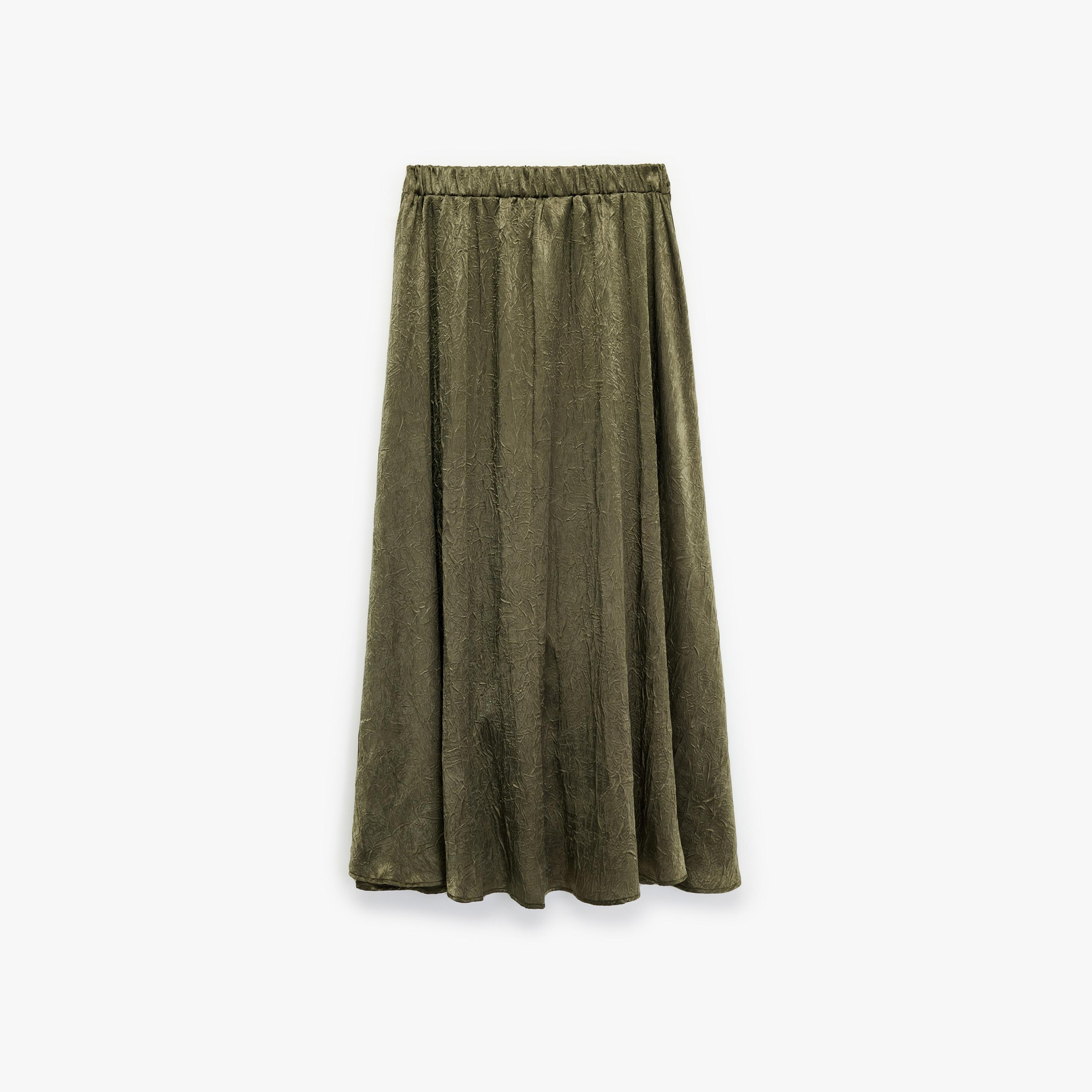 تنورة ميدي نسائية بقصة كلوش من قماش مجعد بلون أخضر من كوتون-women-clothing-bottoms-skirts-image-4