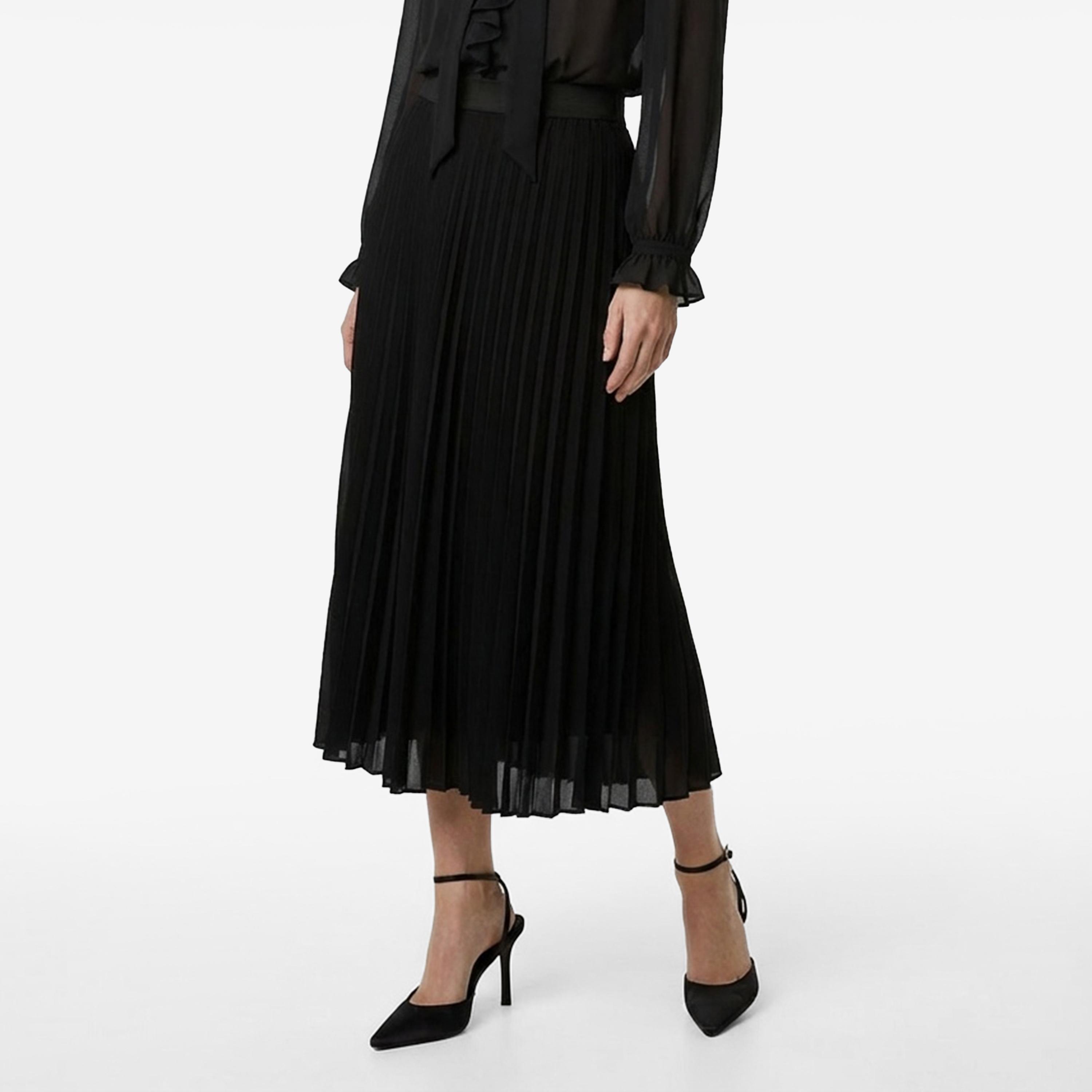 تنورة ميدي نسائية مكسرة (بليسيه) قصة "ايه-لاين" بلون أسود من كوتون-women-clothing-bottoms-skirts-image-1