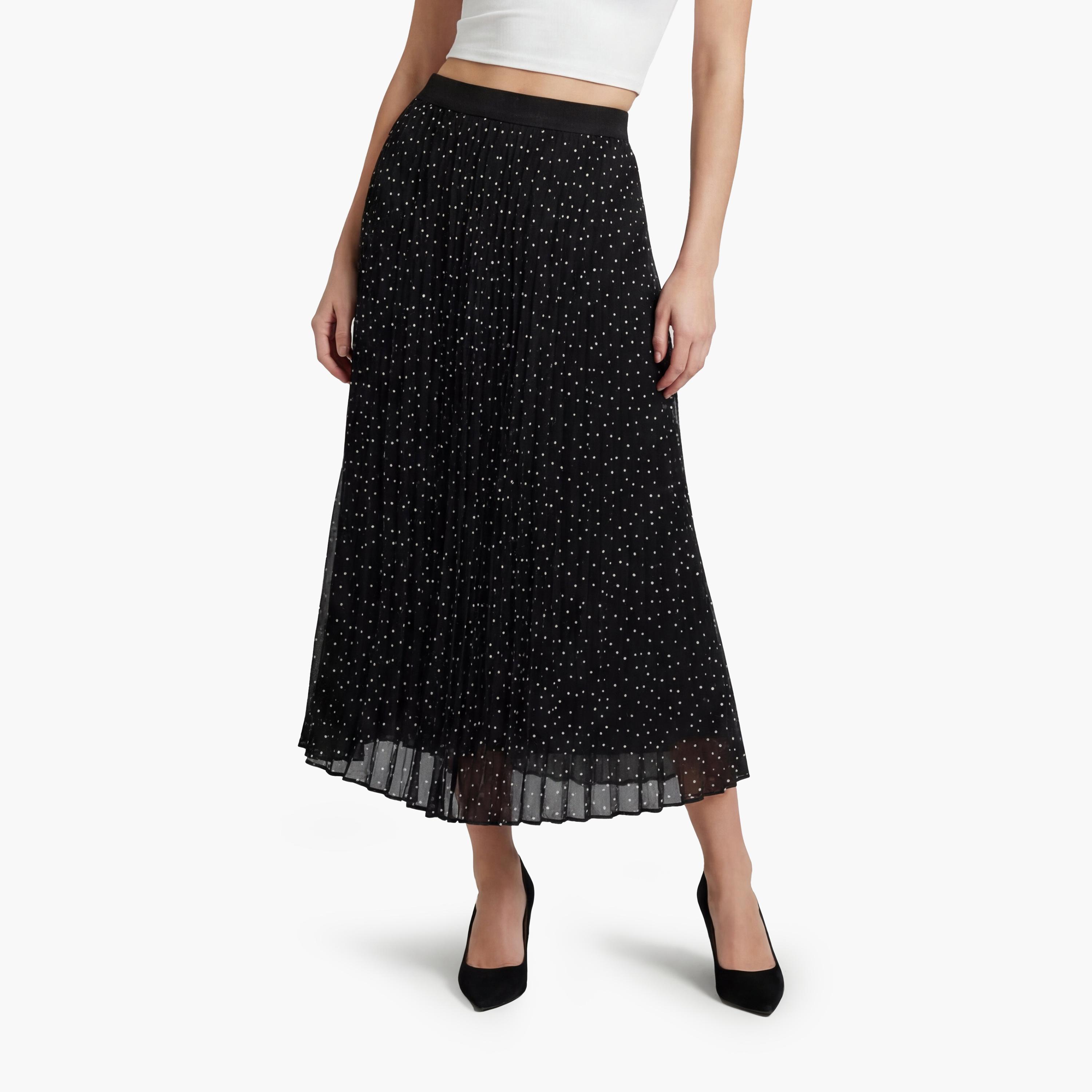 تنورة ماكسي نسائية مكسرة (بليسيه) قصة "ايه-لاين" بنقشة منقطة سوداء من كوتون-women-clothing-bottoms-skirts-image-1
