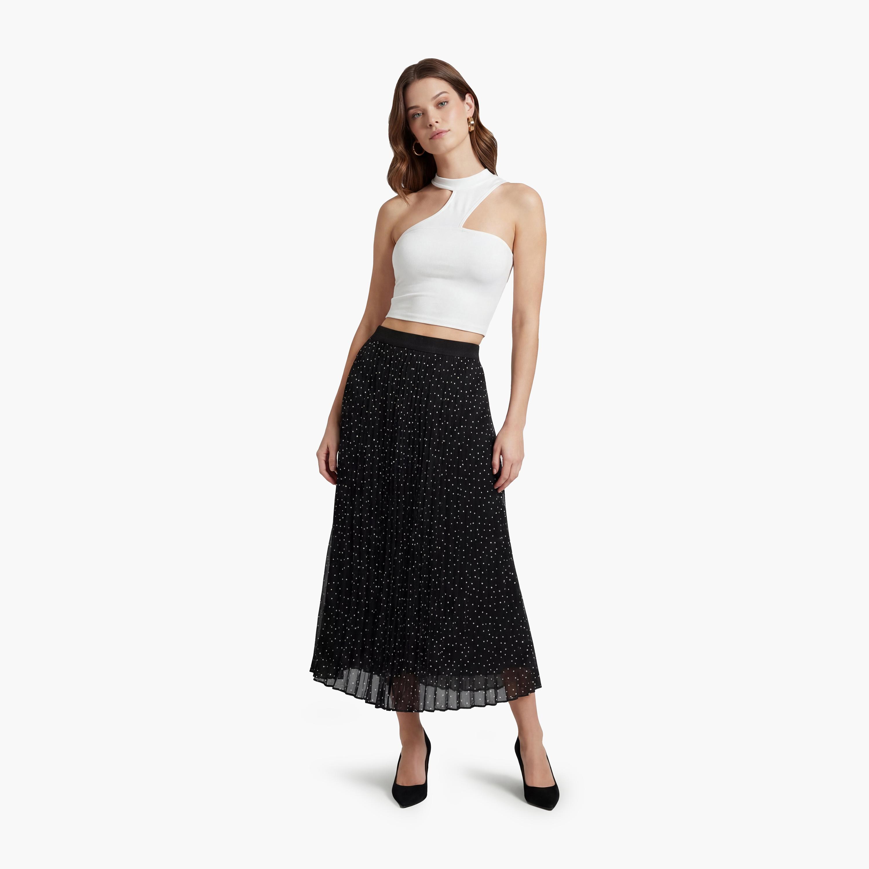 تنورة ماكسي نسائية مكسرة (بليسيه) قصة "ايه-لاين" بنقشة منقطة سوداء من كوتون-women-clothing-bottoms-skirts-image-2