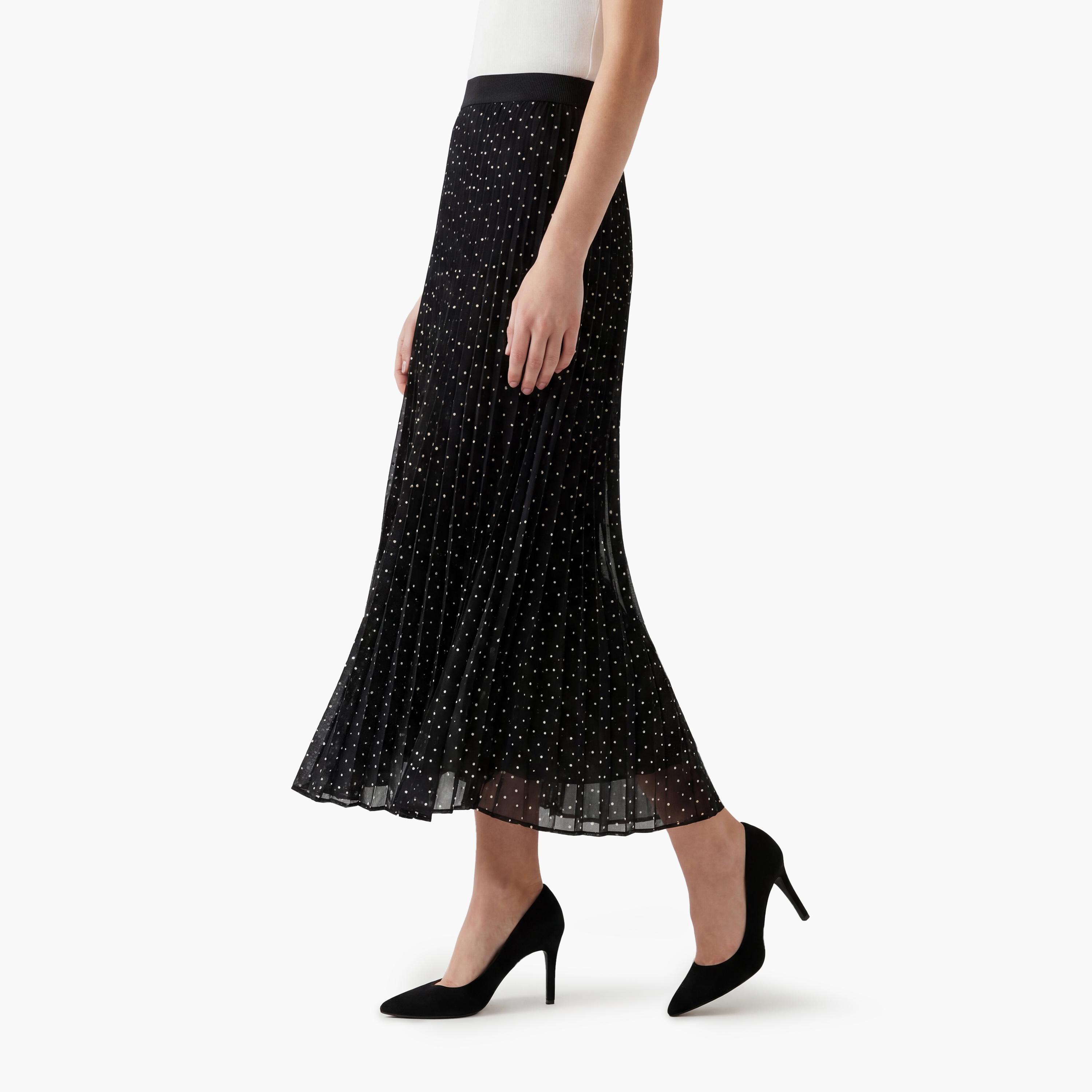 تنورة ماكسي نسائية مكسرة (بليسيه) قصة "ايه-لاين" بنقشة منقطة سوداء من كوتون-women-clothing-bottoms-skirts-image-3