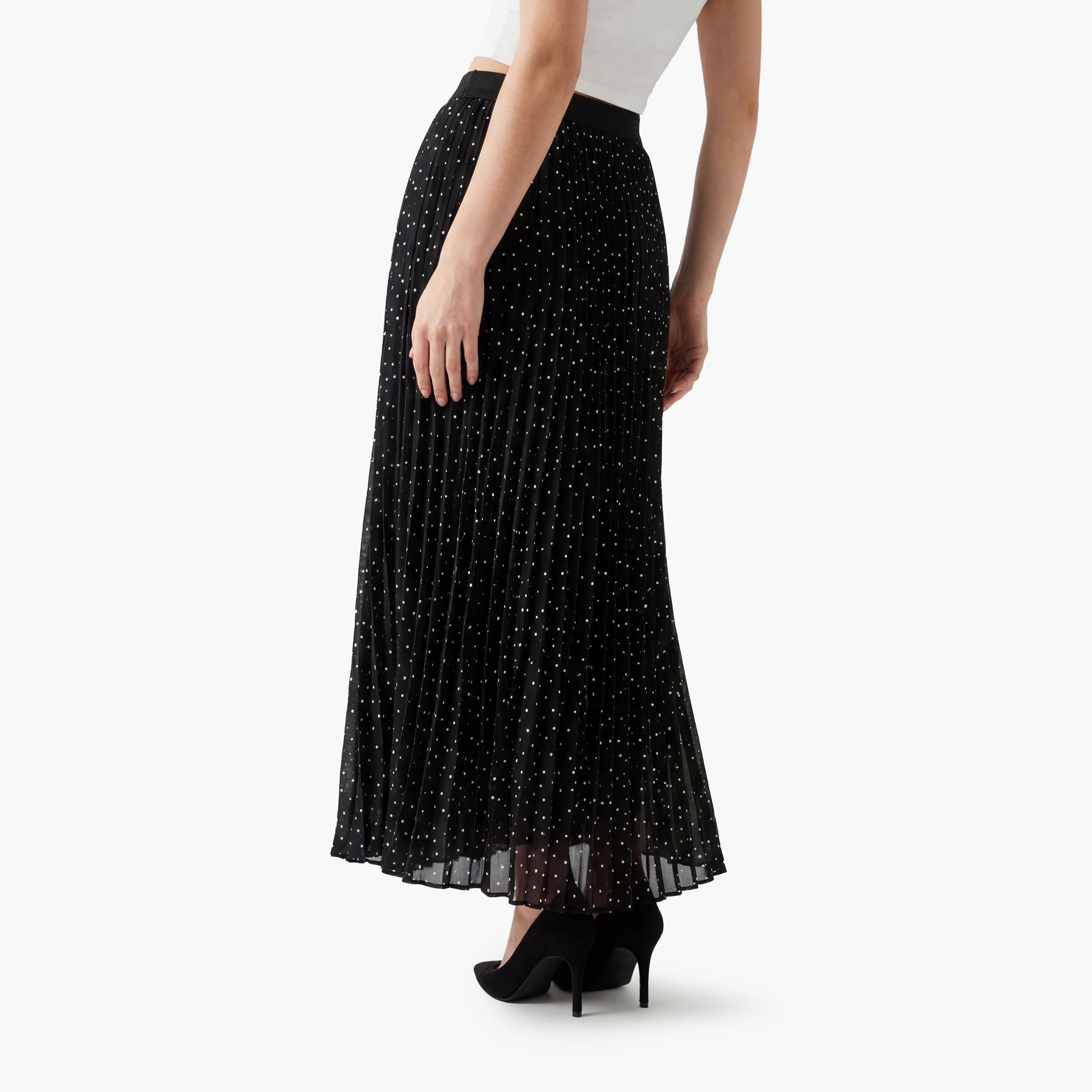 تنورة ماكسي نسائية مكسرة (بليسيه) قصة "ايه-لاين" بنقشة منقطة سوداء من كوتون-women-clothing-bottoms-skirts-image-4