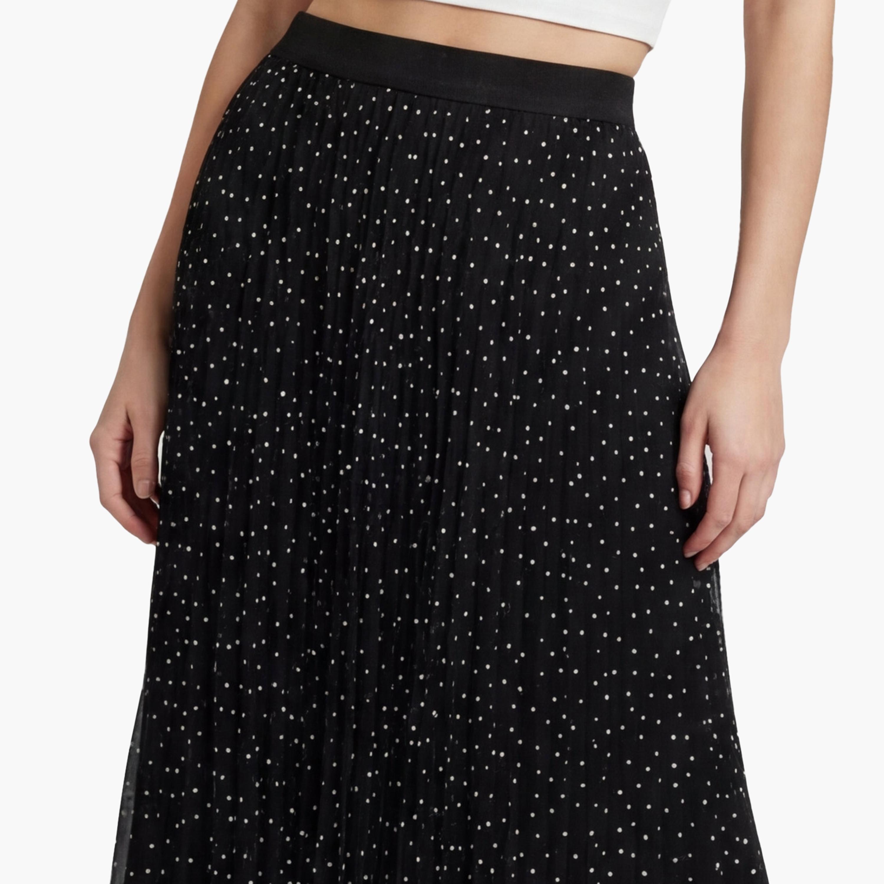تنورة ماكسي نسائية مكسرة (بليسيه) قصة "ايه-لاين" بنقشة منقطة سوداء من كوتون-women-clothing-bottoms-skirts-image-5