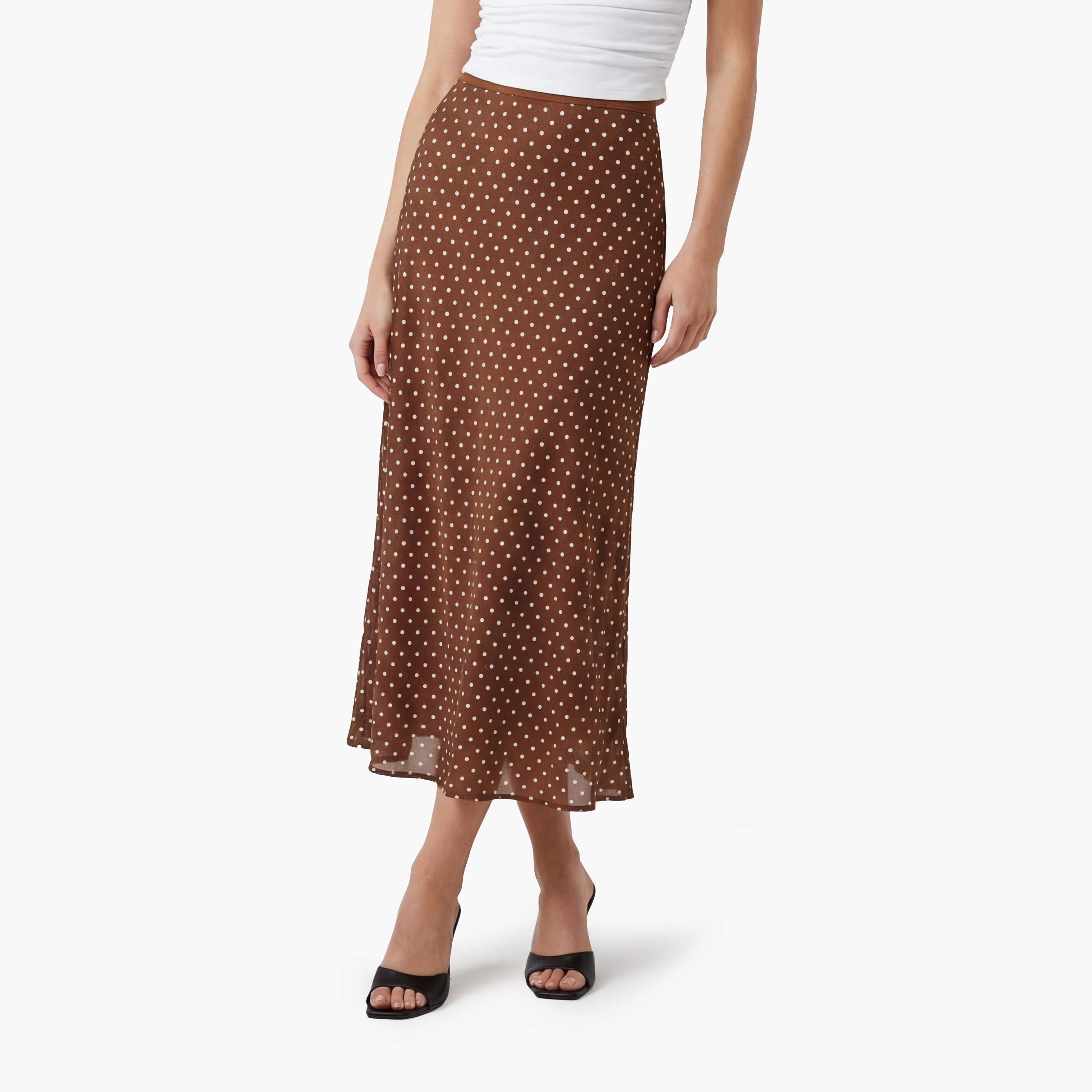 تنورة ماكسي نسائية قصة "ايه-لاين" بنقشة منقطة بنية من كوتون-women-clothing-bottoms-skirts-image-1
