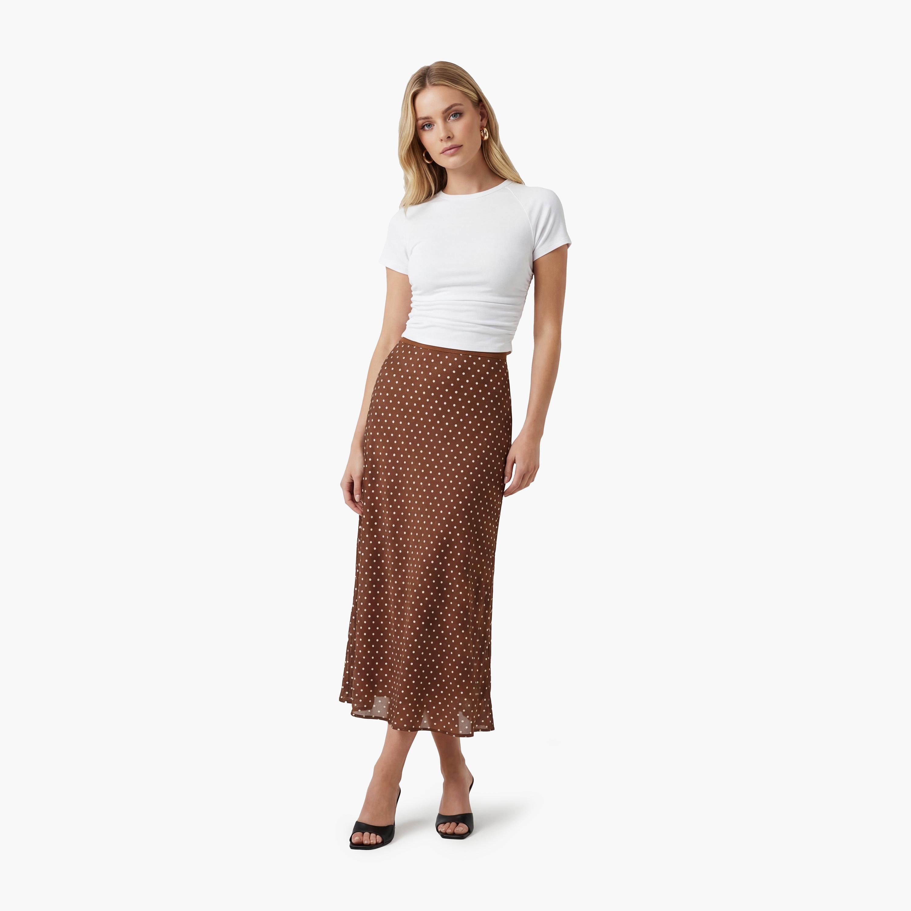 تنورة ماكسي نسائية قصة "ايه-لاين" بنقشة منقطة بنية من كوتون-women-clothing-bottoms-skirts-image-2