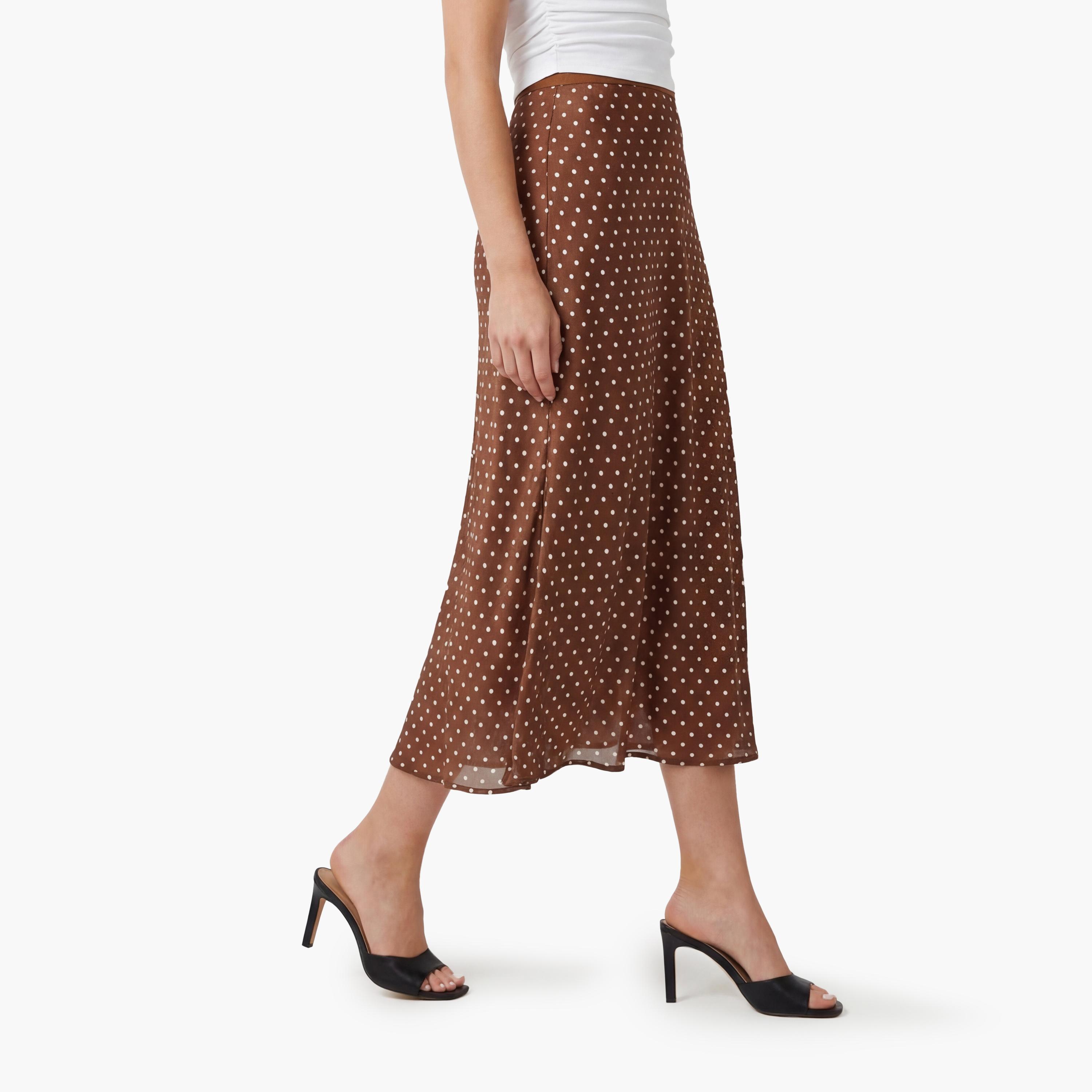 تنورة ماكسي نسائية قصة "ايه-لاين" بنقشة منقطة بنية من كوتون-women-clothing-bottoms-skirts-image-3