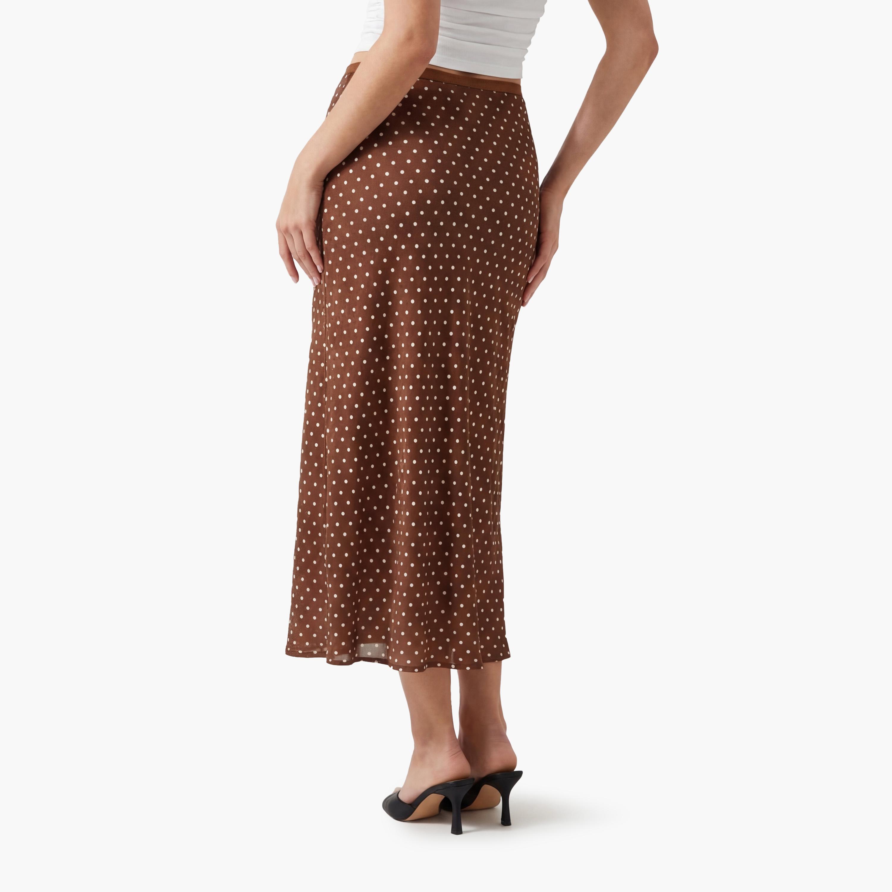 تنورة ماكسي نسائية قصة "ايه-لاين" بنقشة منقطة بنية من كوتون-women-clothing-bottoms-skirts-image-4