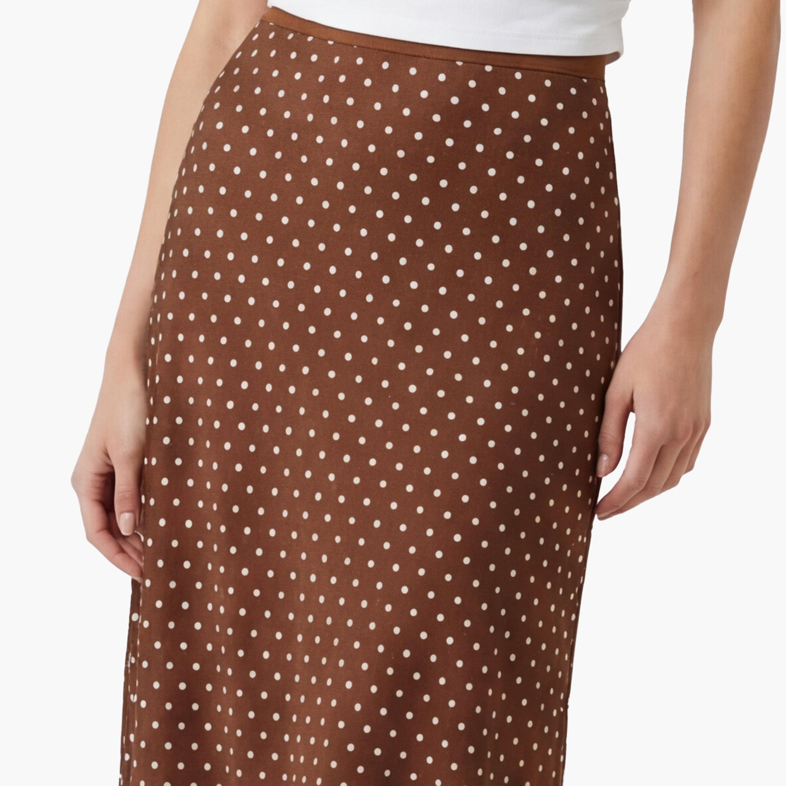 تنورة ماكسي نسائية قصة "ايه-لاين" بنقشة منقطة بنية من كوتون-women-clothing-bottoms-skirts-image-5