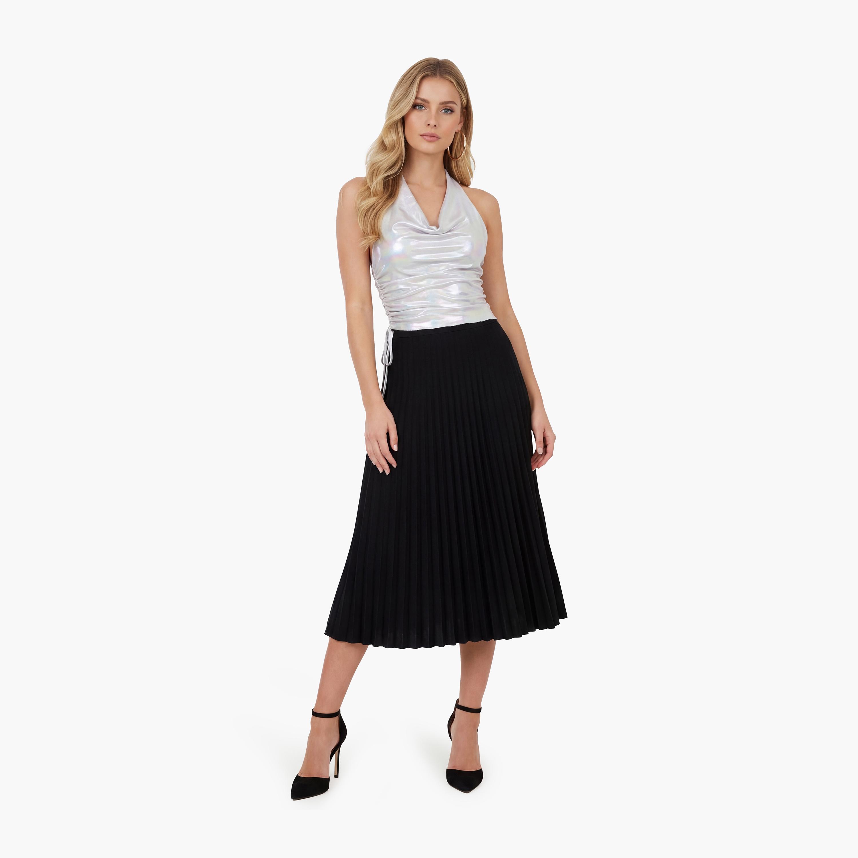 تنورة ماكسي نسائية مكسرة (بليسيه) قصة "ايه-لاين" بلون أسود من كوتون-women-clothing-bottoms-skirts-image-2