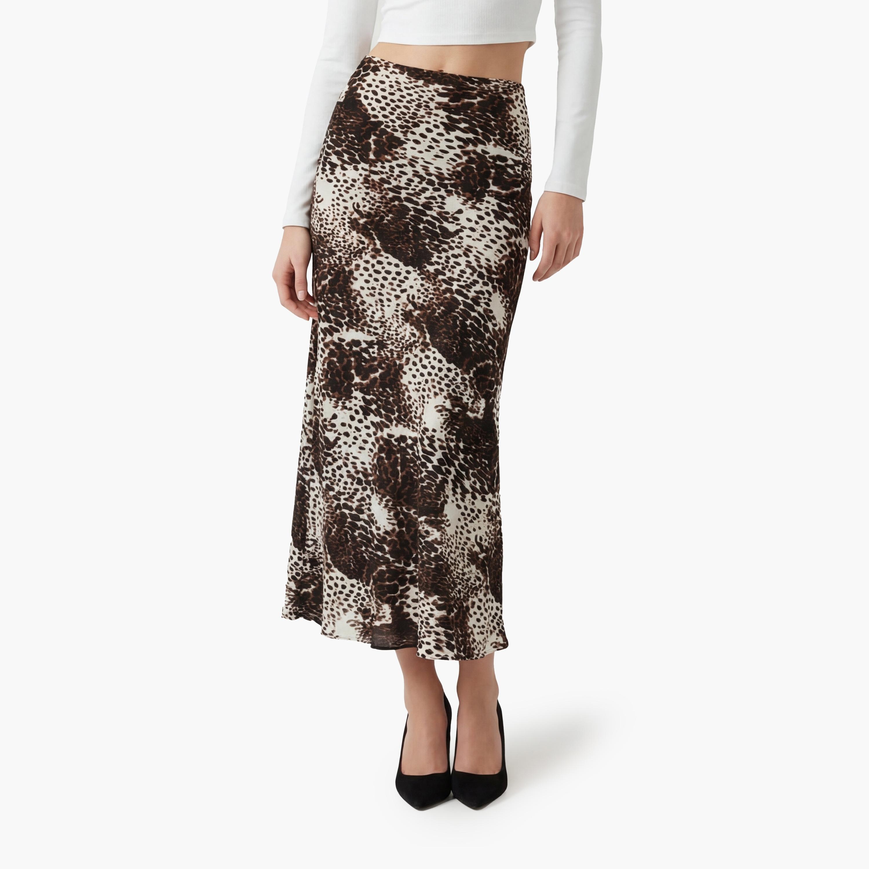 تنورة ماكسي نسائية قصة قلم الرصاص (بنسل) بطبعة حيوانات بلون بني من كوتون-women-clothing-bottoms-skirts-image-1