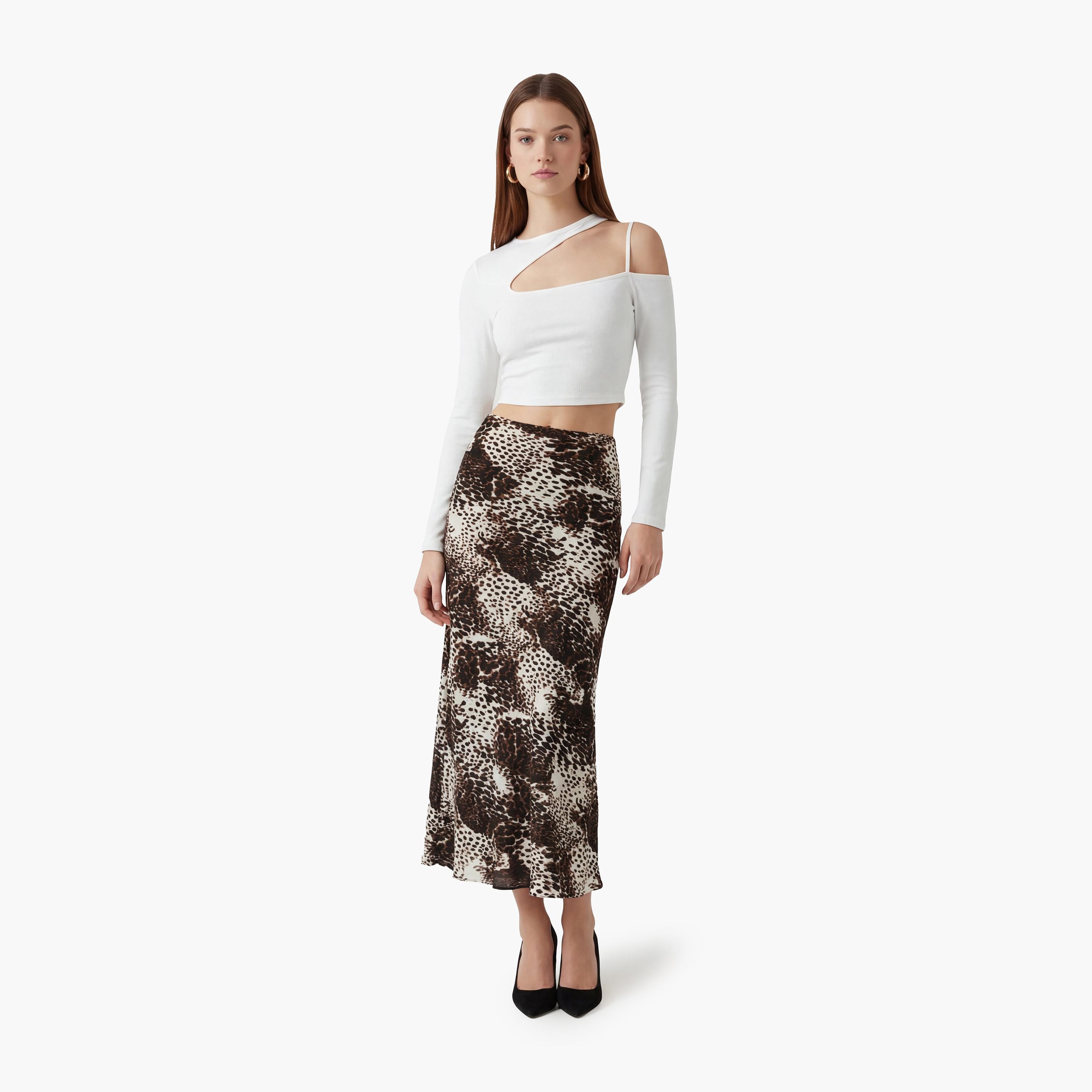 تنورة ماكسي نسائية قصة قلم الرصاص (بنسل) بطبعة حيوانات بلون بني من كوتون-women-clothing-bottoms-skirts-image-2
