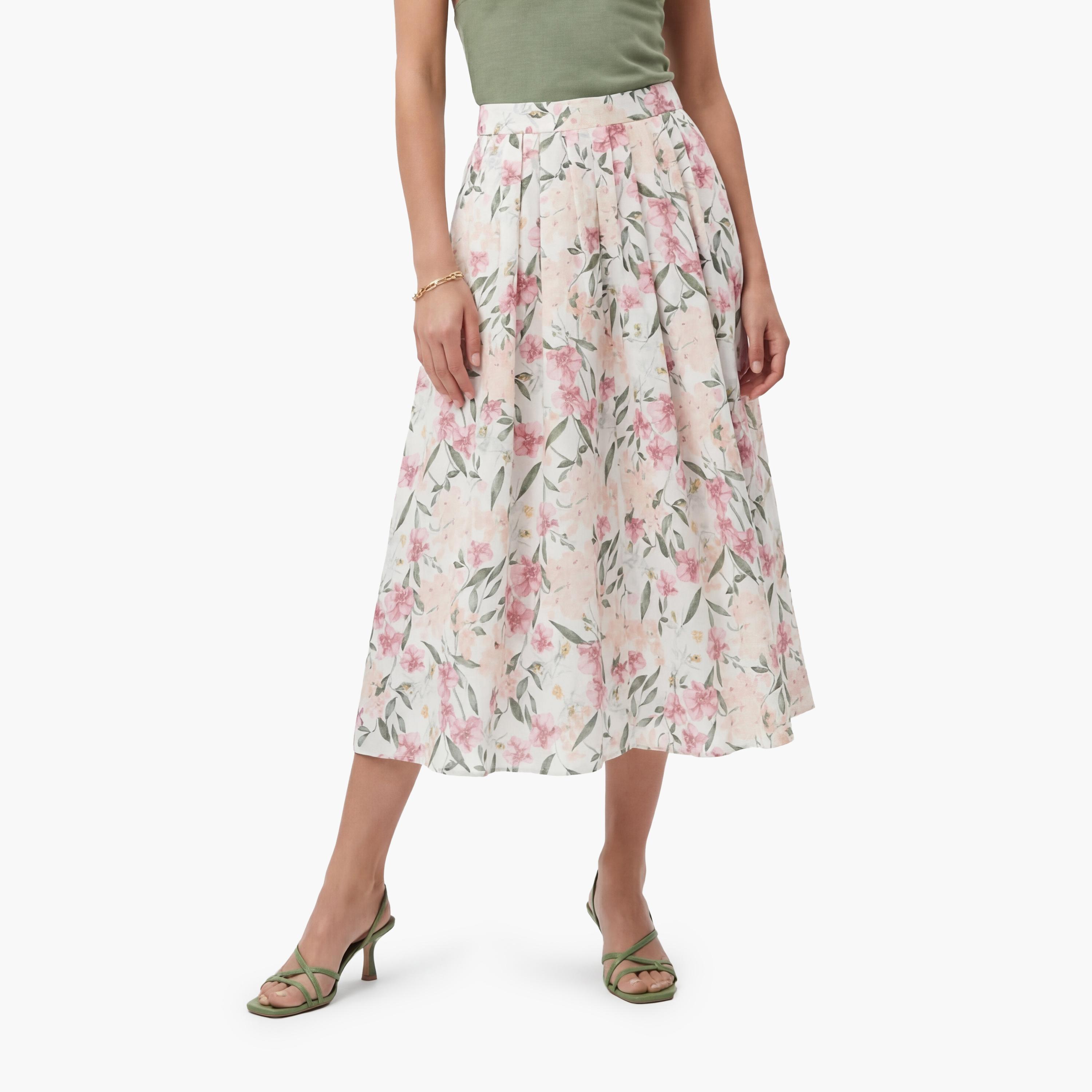تنورة ميدي نسائية بقصة كلوش (فلير) بطبعة زهور وردية من كوتون-women-clothing-bottoms-skirts-image-1