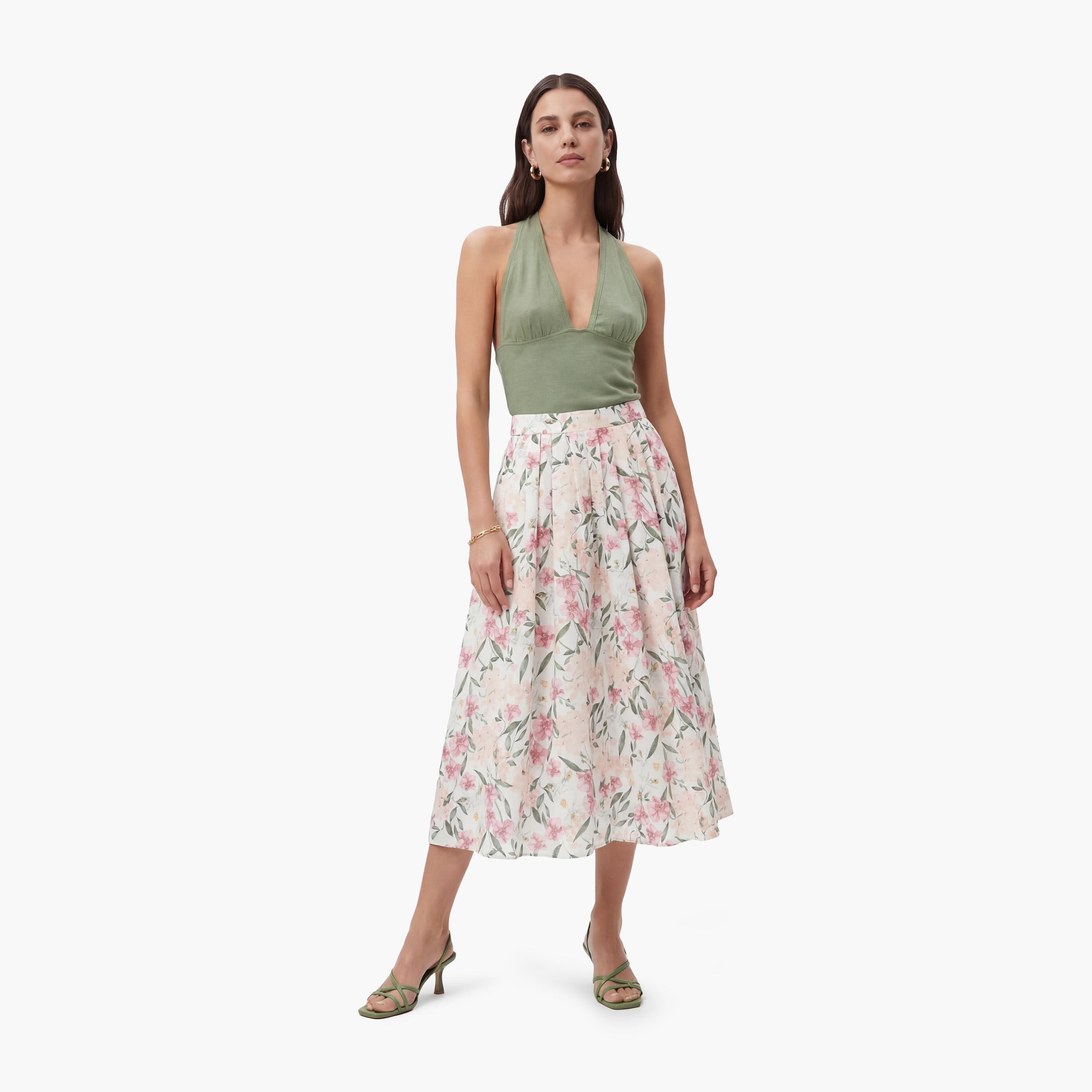 تنورة ميدي نسائية بقصة كلوش (فلير) بطبعة زهور وردية من كوتون-women-clothing-bottoms-skirts-image-2