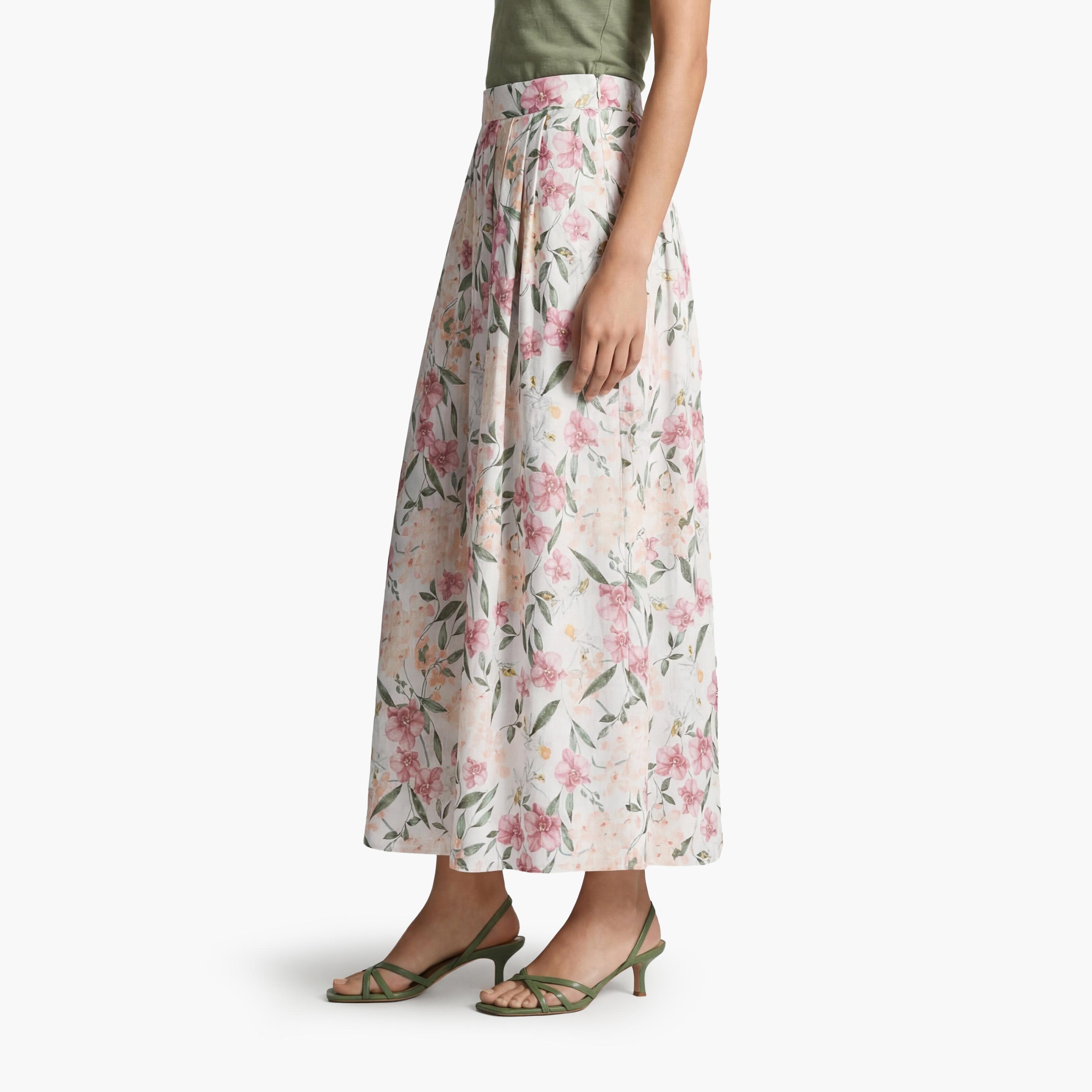 تنورة ميدي نسائية بقصة كلوش (فلير) بطبعة زهور وردية من كوتون-women-clothing-bottoms-skirts-image-3