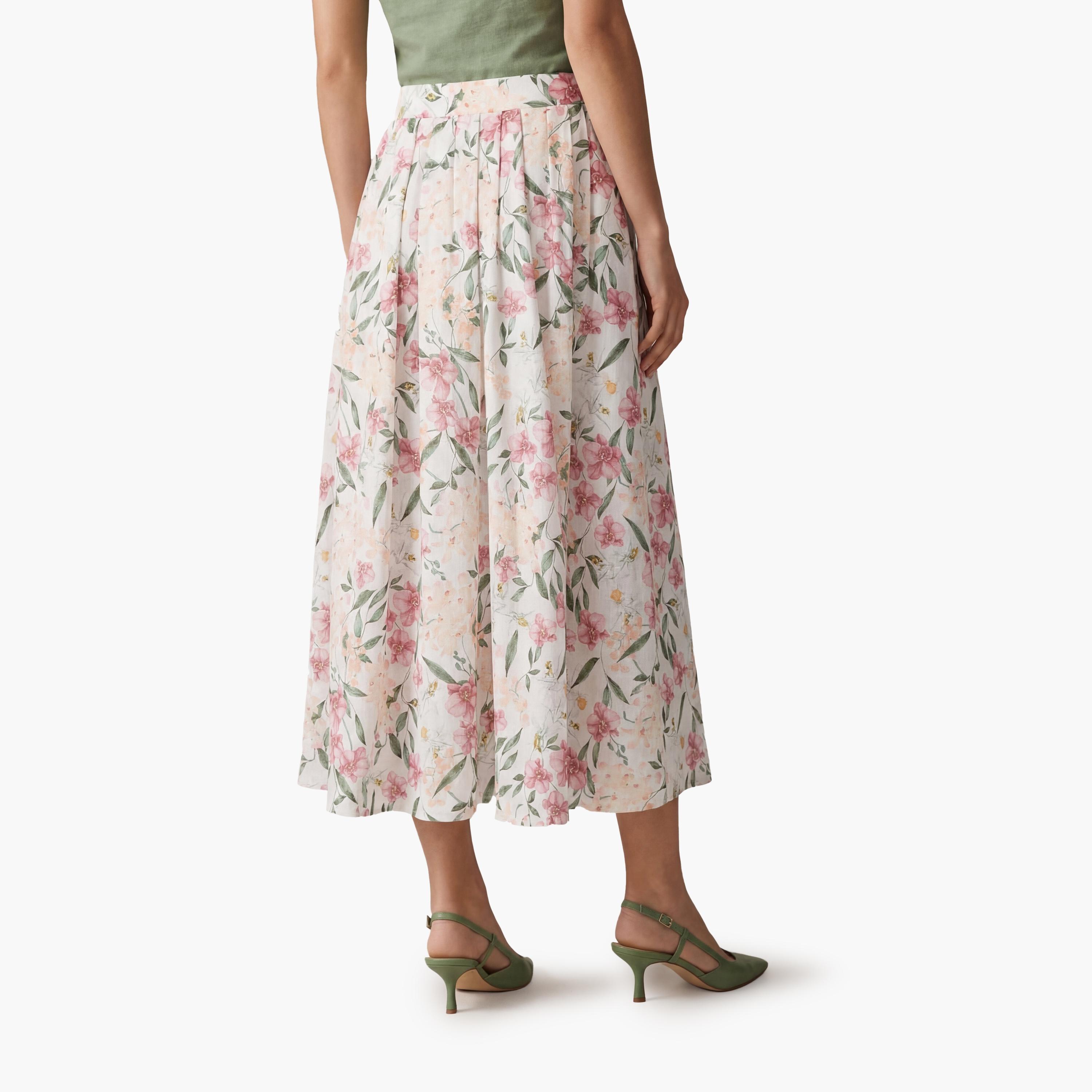 تنورة ميدي نسائية بقصة كلوش (فلير) بطبعة زهور وردية من كوتون-women-clothing-bottoms-skirts-image-4