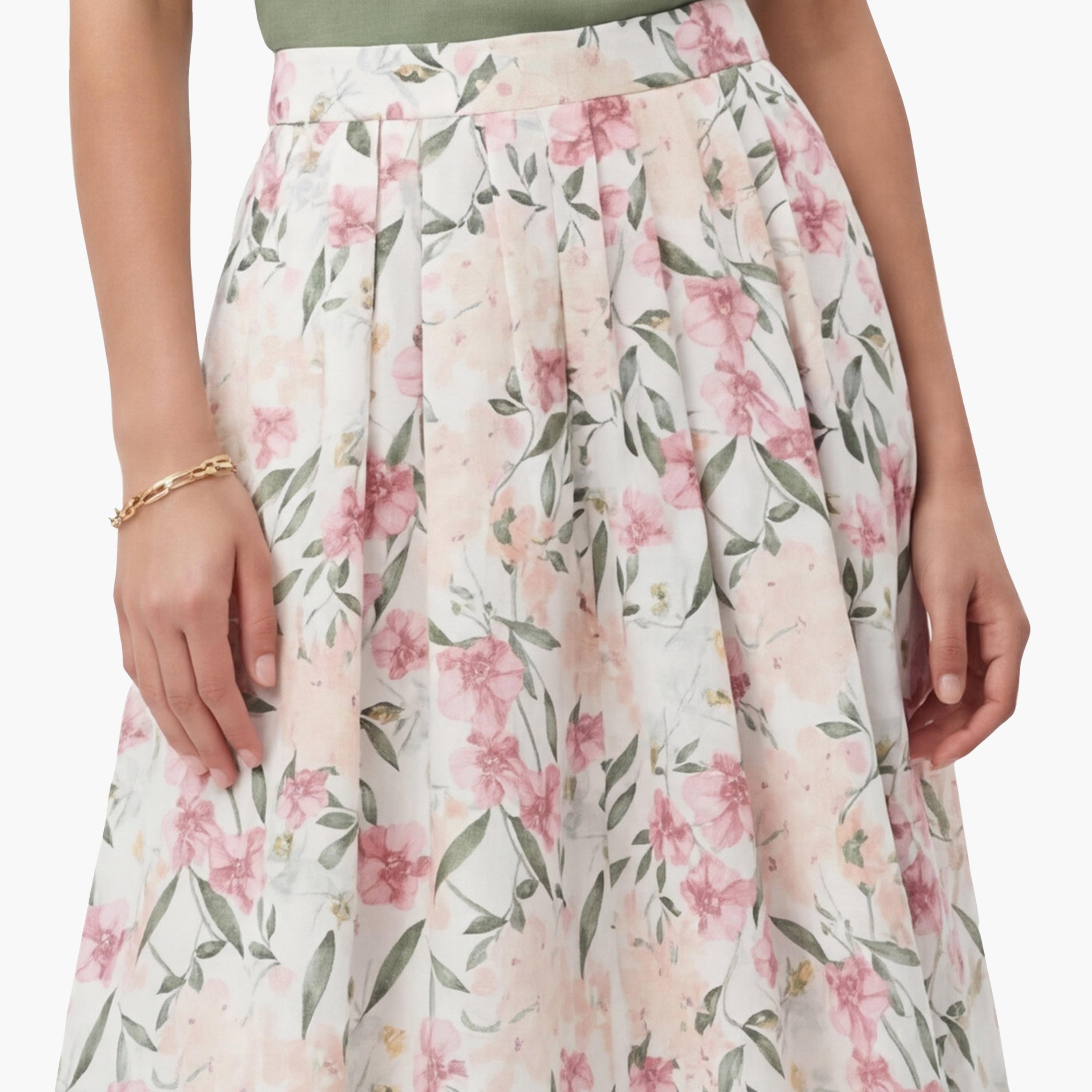تنورة ميدي نسائية بقصة كلوش (فلير) بطبعة زهور وردية من كوتون-women-clothing-bottoms-skirts-image-5