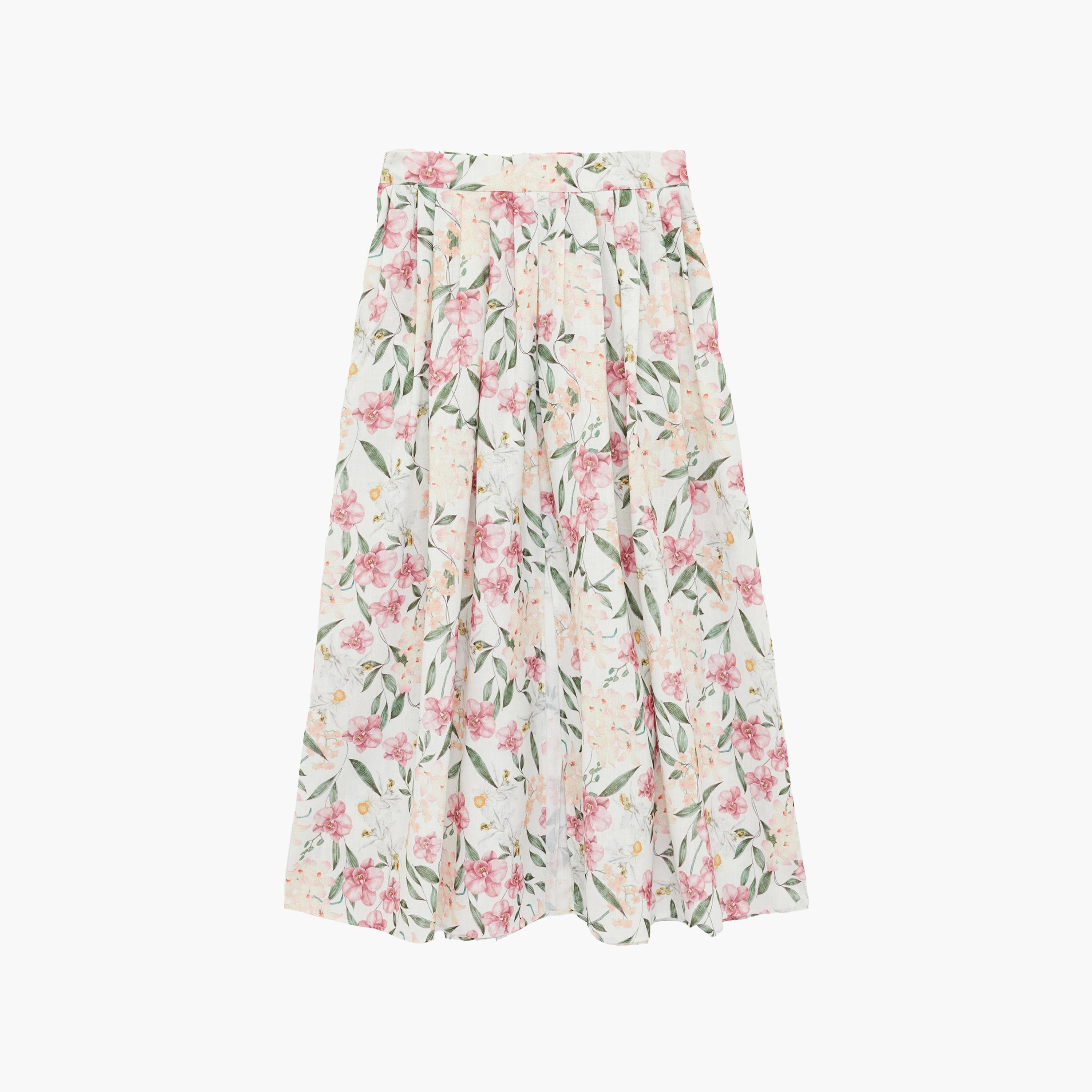 تنورة ميدي نسائية بقصة كلوش (فلير) بطبعة زهور وردية من كوتون-women-clothing-bottoms-skirts-image-7