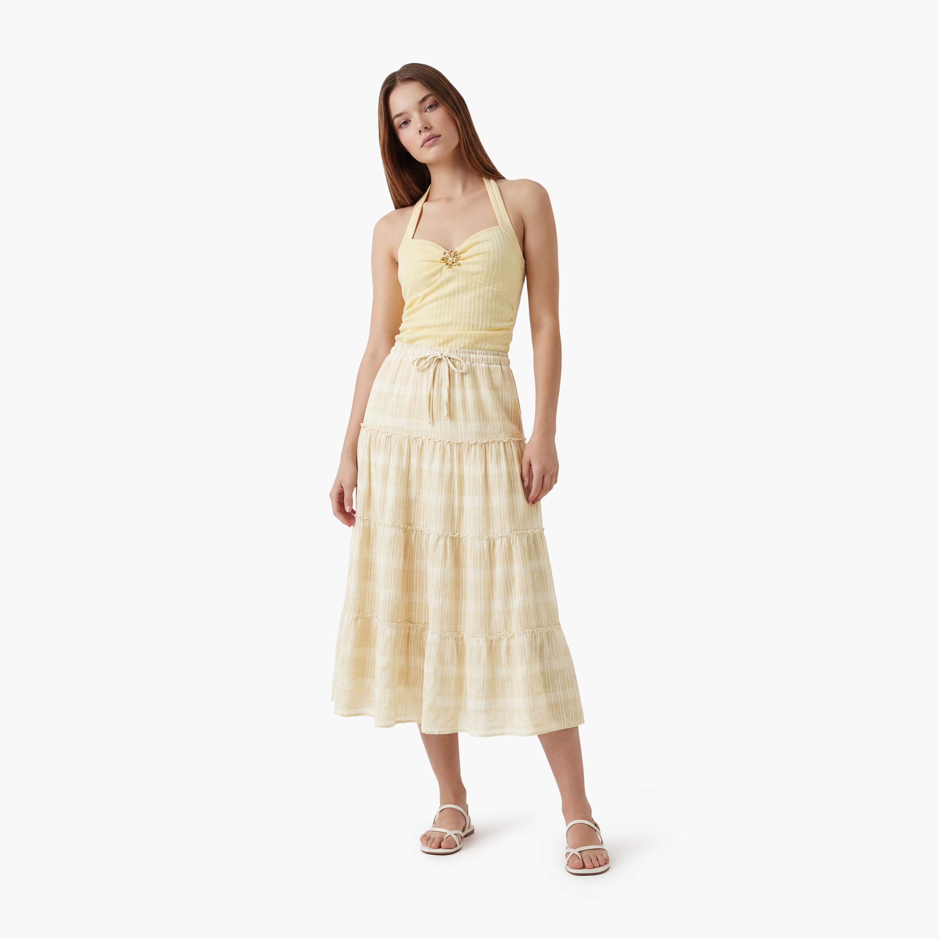 تنورة ميدي نسائية بتصميم طبقات ومخططة بلون بيج من كوتون-women-clothing-bottoms-skirts-image-2