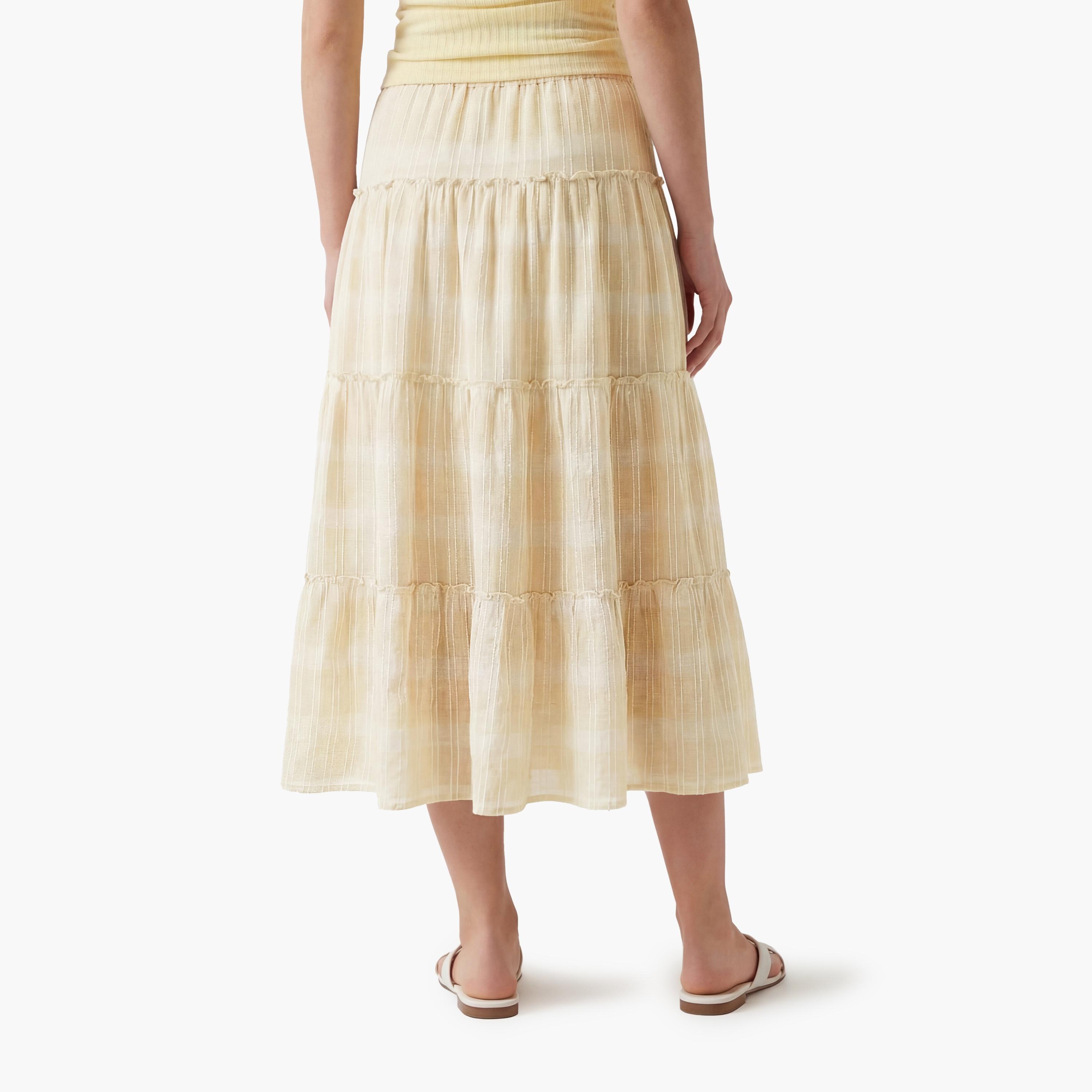 تنورة ميدي نسائية بتصميم طبقات ومخططة بلون بيج من كوتون-women-clothing-bottoms-skirts-image-4