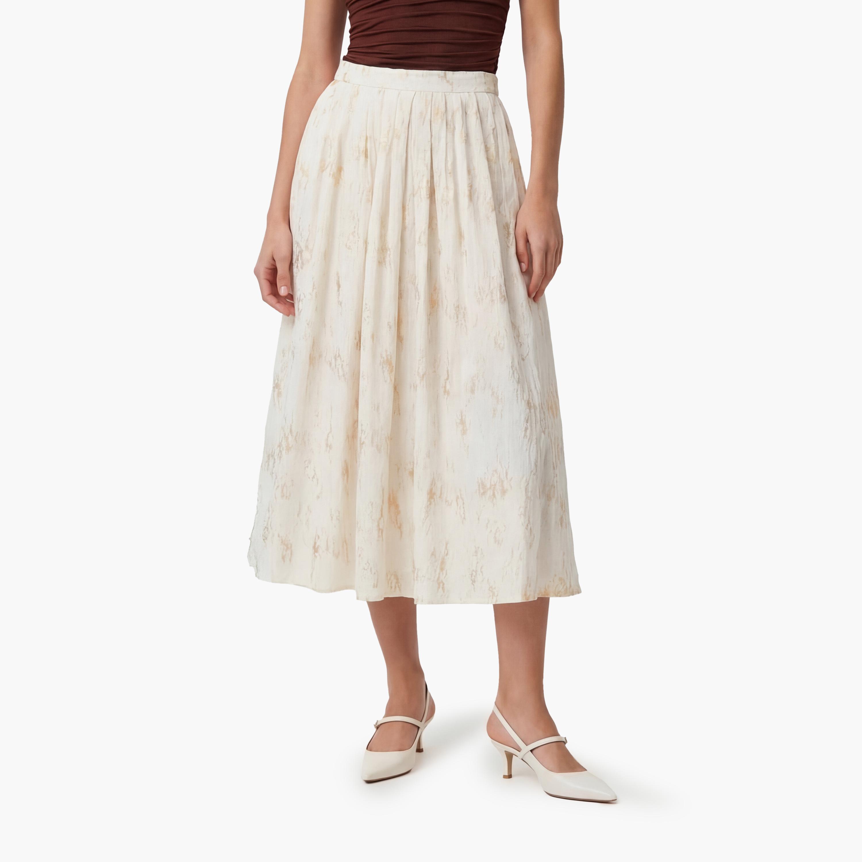 تنورة ميدي نسائية بقصة كلوش بطبعة تجريدية بلون بيج من كوتون-women-clothing-bottoms-skirts-image-1