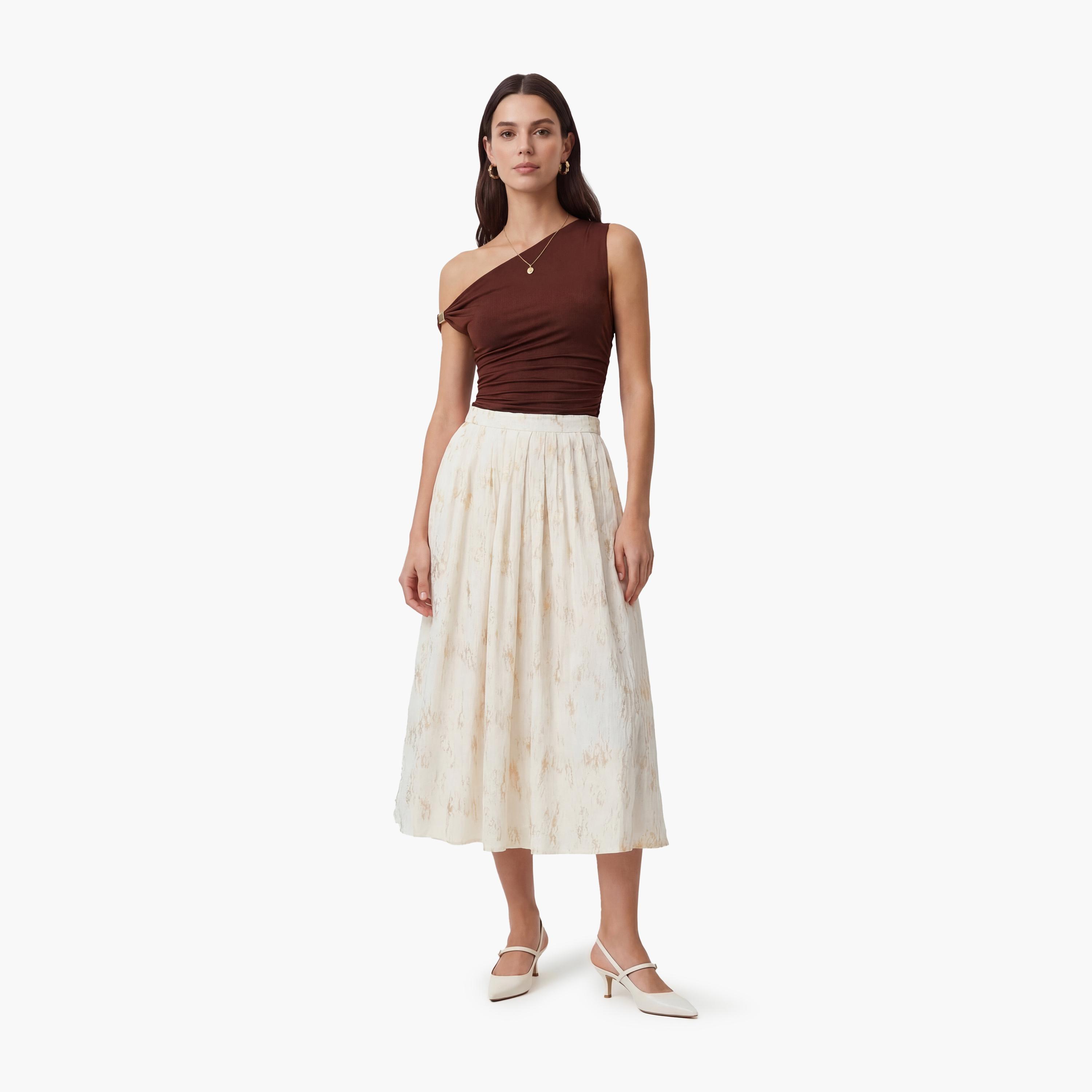 تنورة ميدي نسائية بقصة كلوش بطبعة تجريدية بلون بيج من كوتون-women-clothing-bottoms-skirts-image-2
