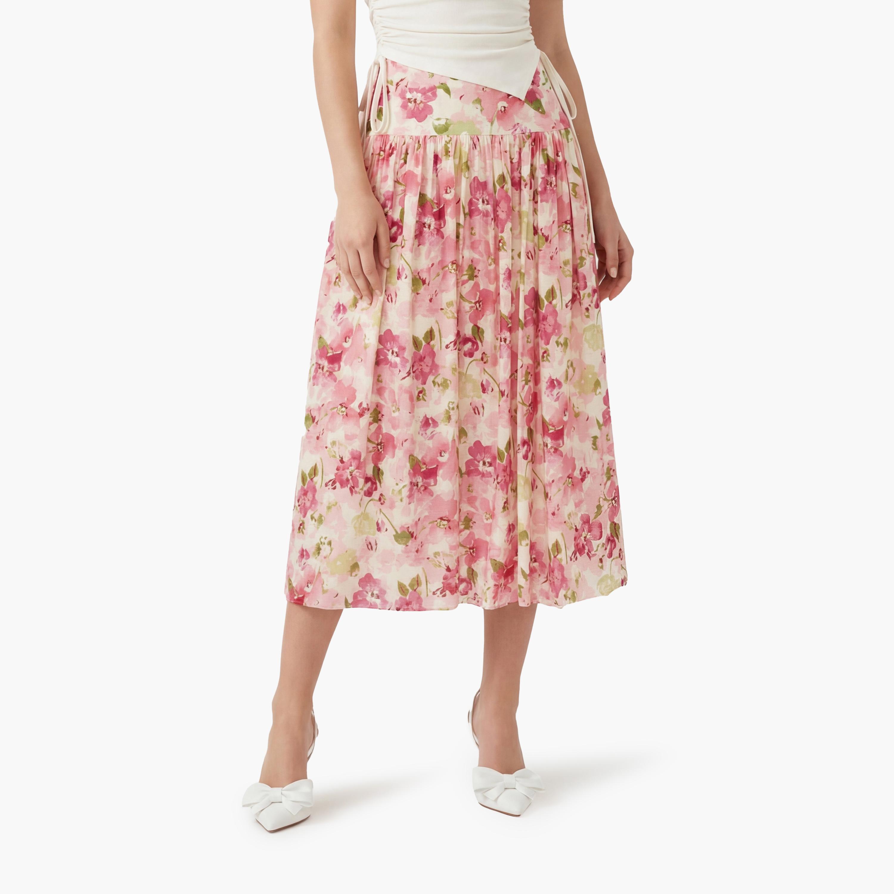 تنورة ميدي نسائية بقصة كلوش (فلير) بطبعة زهور وردية من كوتون-women-clothing-bottoms-skirts-image-1