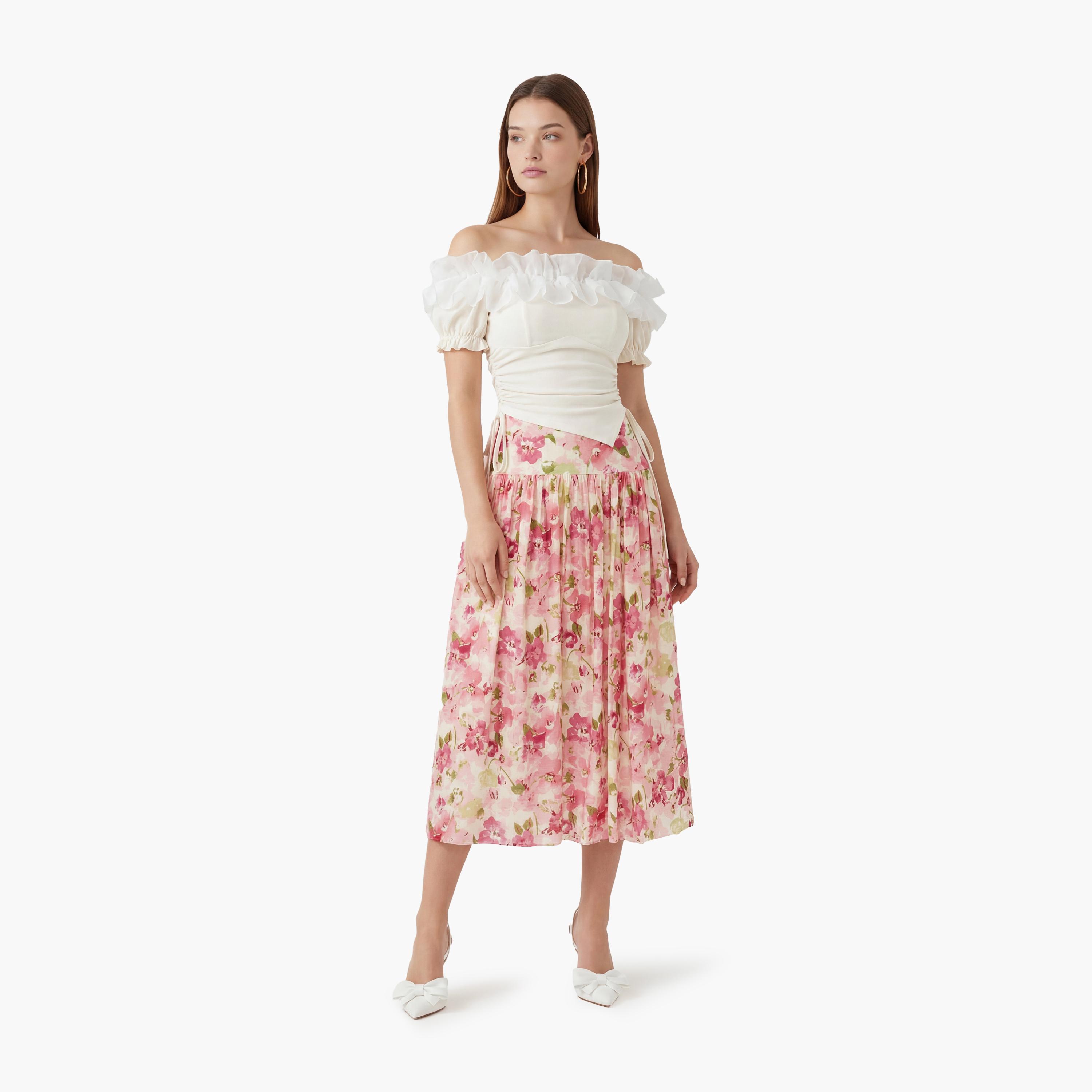 تنورة ميدي نسائية بقصة كلوش (فلير) بطبعة زهور وردية من كوتون-women-clothing-bottoms-skirts-image-2