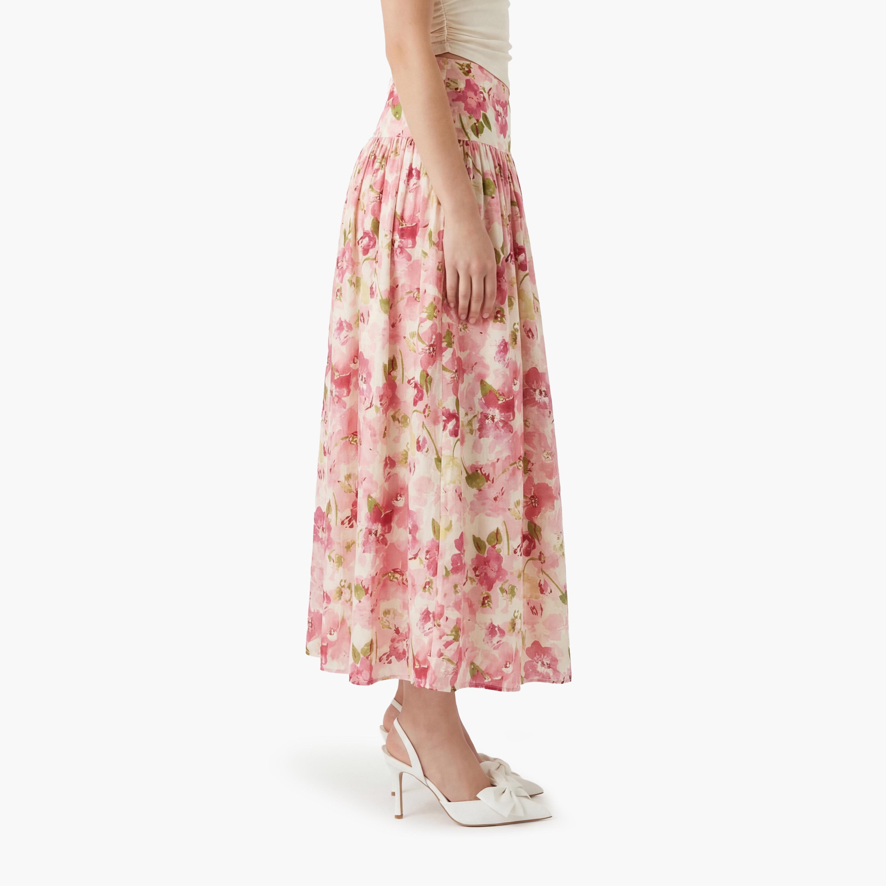 تنورة ميدي نسائية بقصة كلوش (فلير) بطبعة زهور وردية من كوتون-women-clothing-bottoms-skirts-image-3
