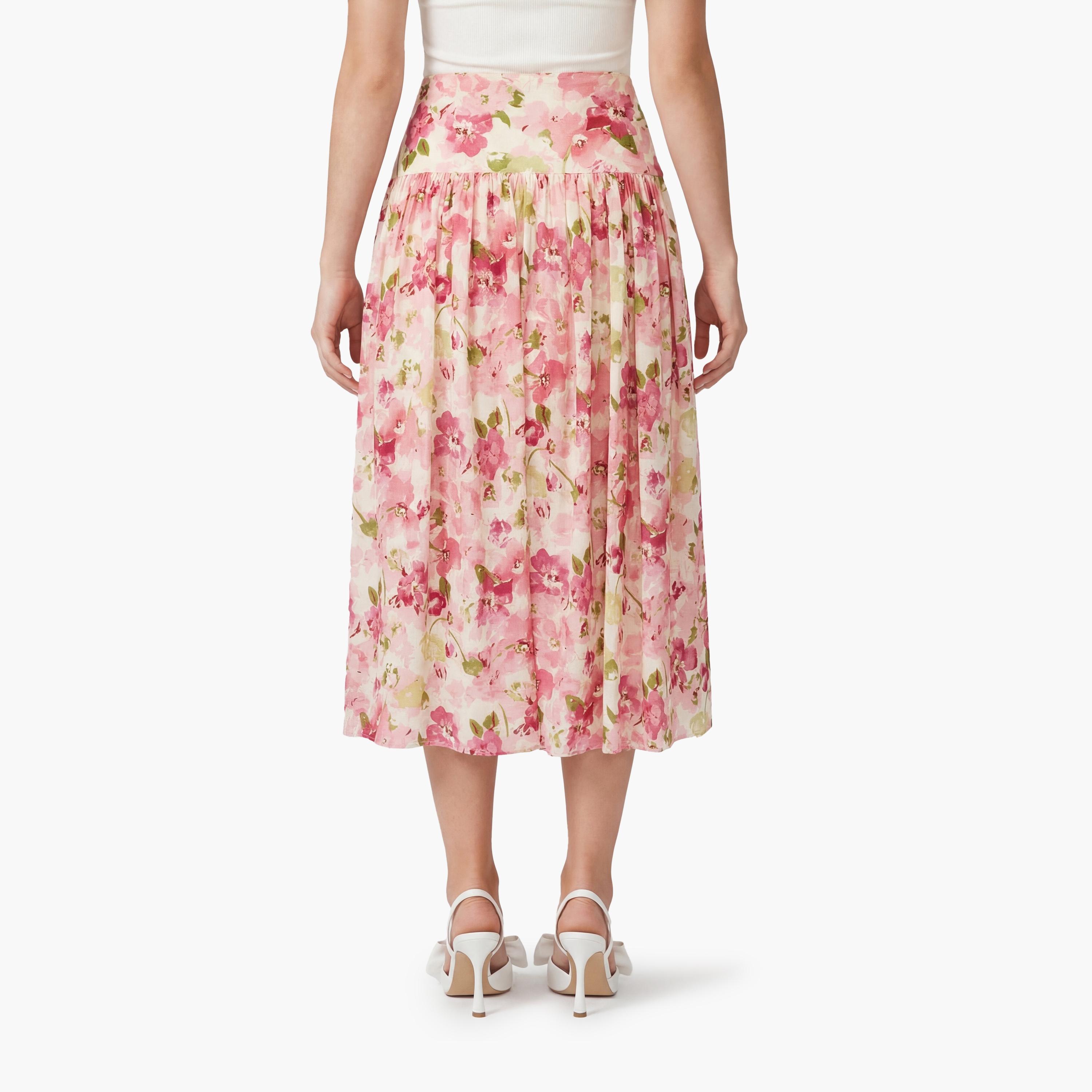 تنورة ميدي نسائية بقصة كلوش (فلير) بطبعة زهور وردية من كوتون-women-clothing-bottoms-skirts-image-4