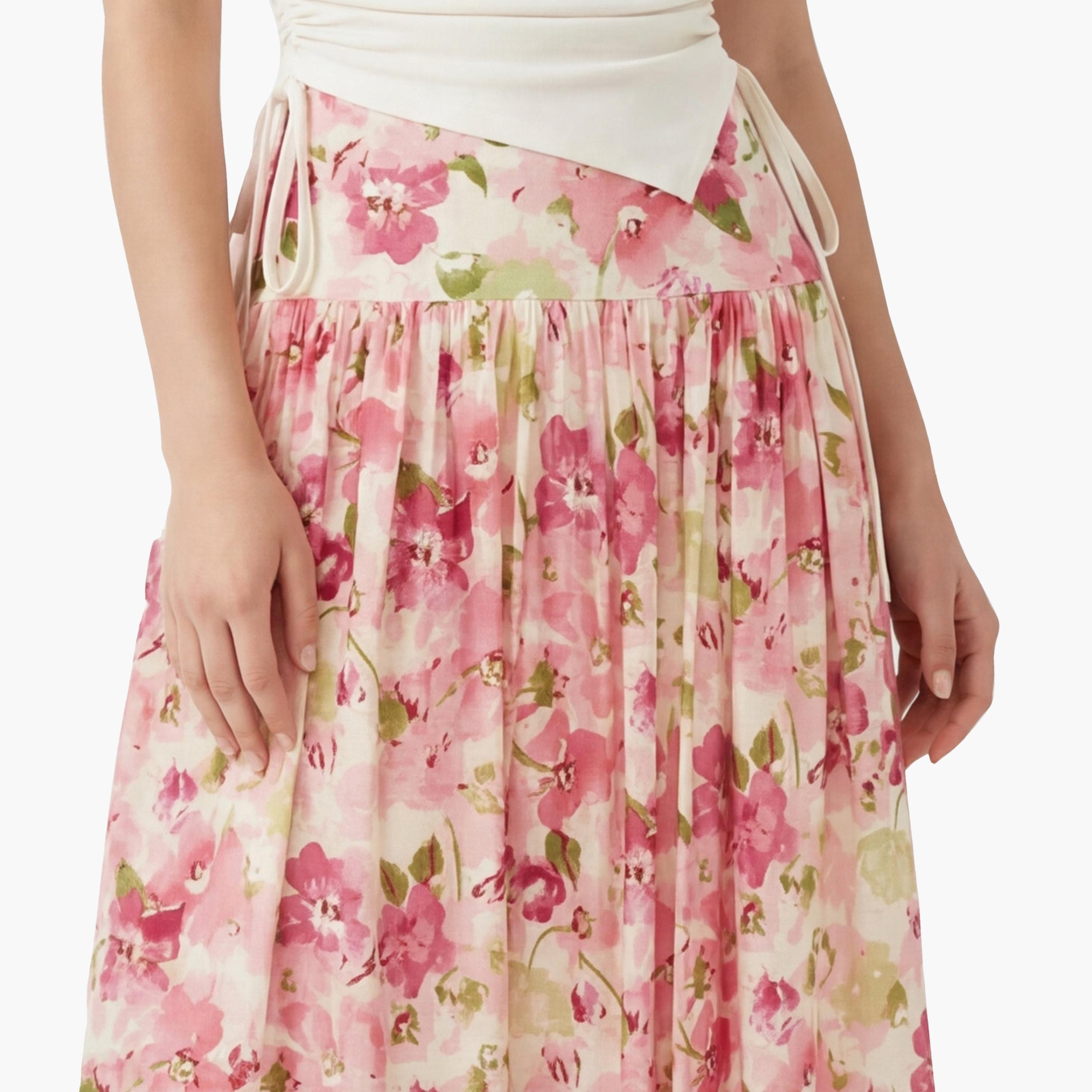 تنورة ميدي نسائية بقصة كلوش (فلير) بطبعة زهور وردية من كوتون-women-clothing-bottoms-skirts-image-5