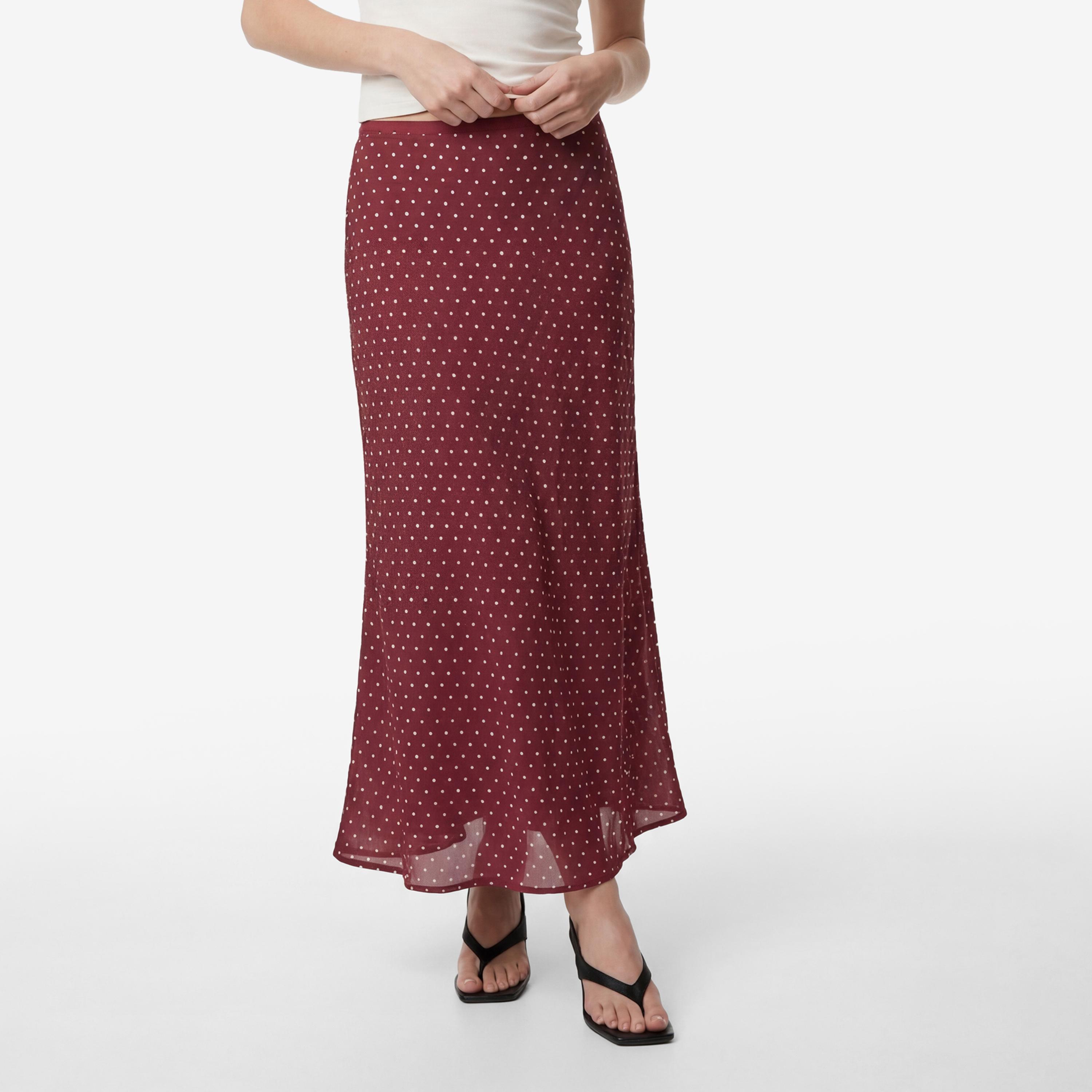 تنورة ماكسي نسائية قصة "ايه-لاين" بنقشة منقطة باللون العنابي من كوتون-women-clothing-bottoms-skirts-image-1