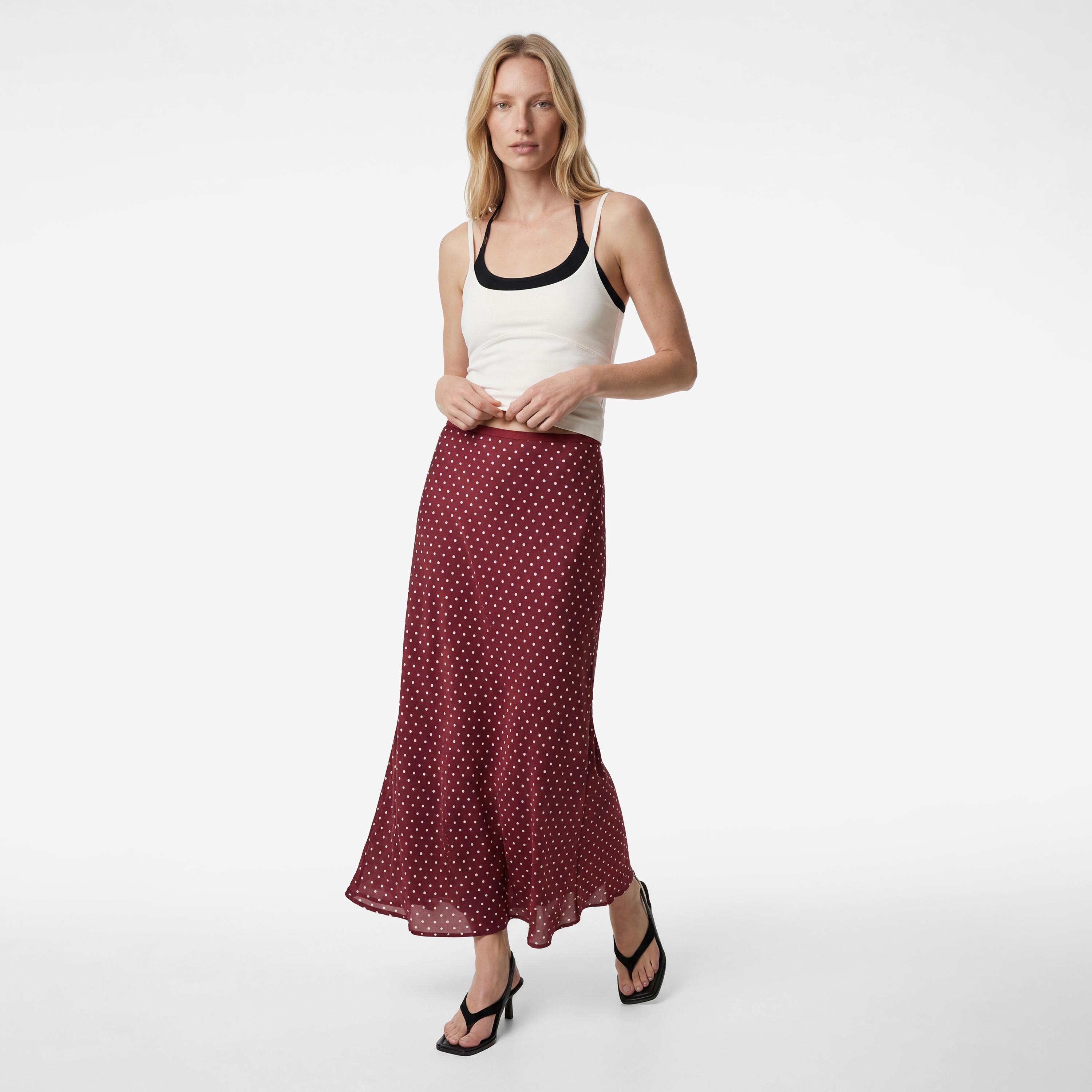 تنورة ماكسي نسائية قصة "ايه-لاين" بنقشة منقطة باللون العنابي من كوتون-women-clothing-bottoms-skirts-image-2