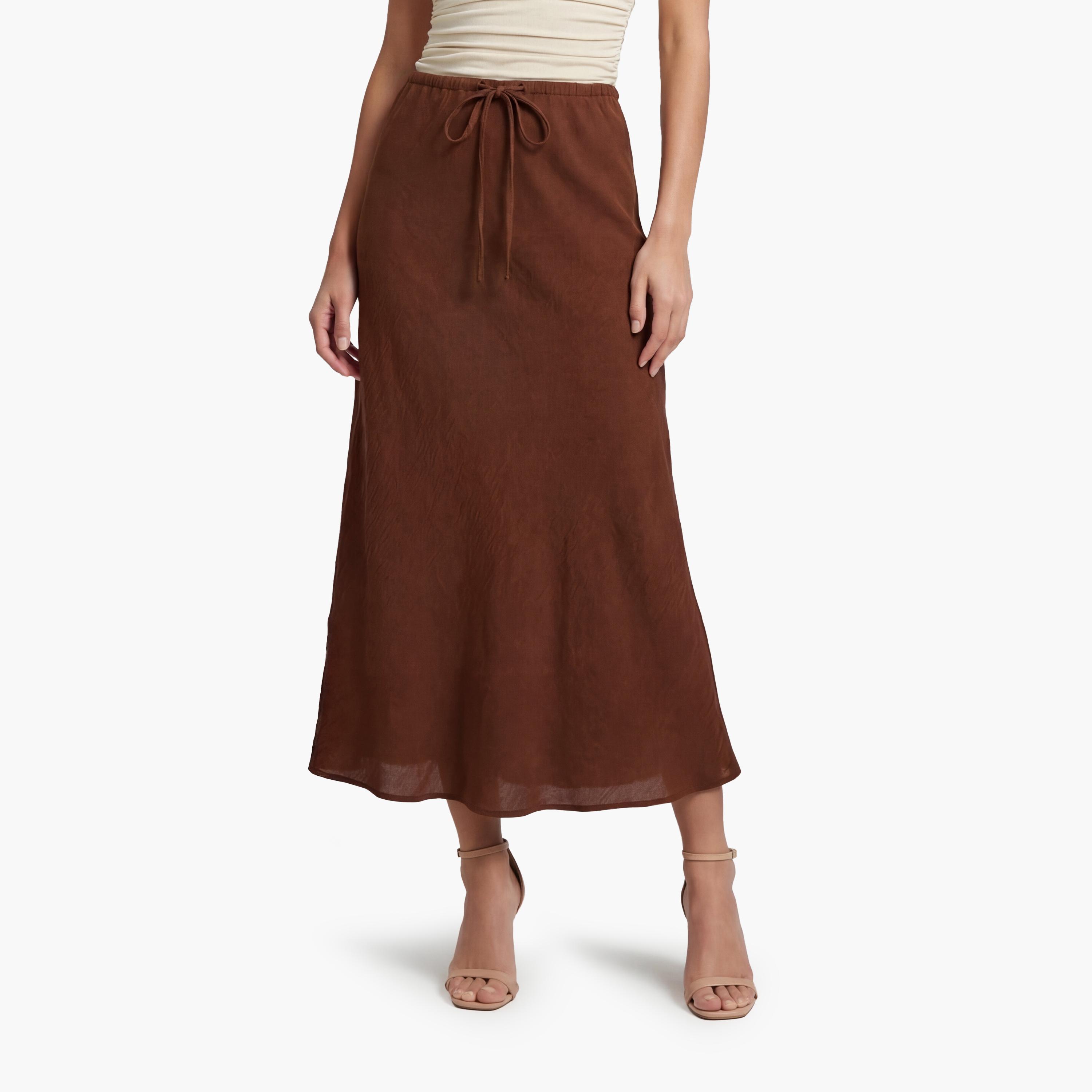 تنورة ميدي نسائية قصة "ايه-لاين" بلون بني من كوتون-women-clothing-bottoms-skirts-image-1