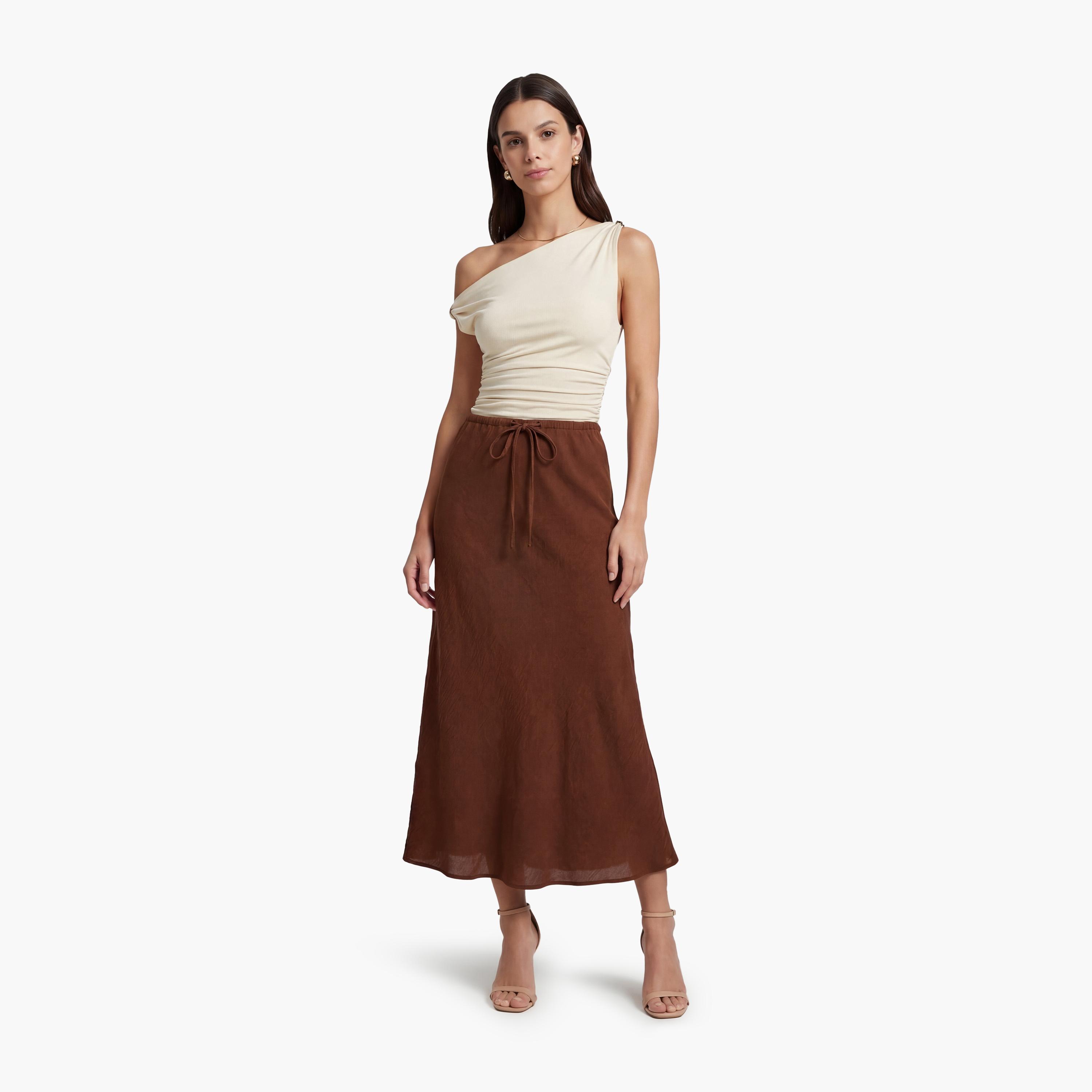 تنورة ميدي نسائية قصة "ايه-لاين" بلون بني من كوتون-women-clothing-bottoms-skirts-image-2