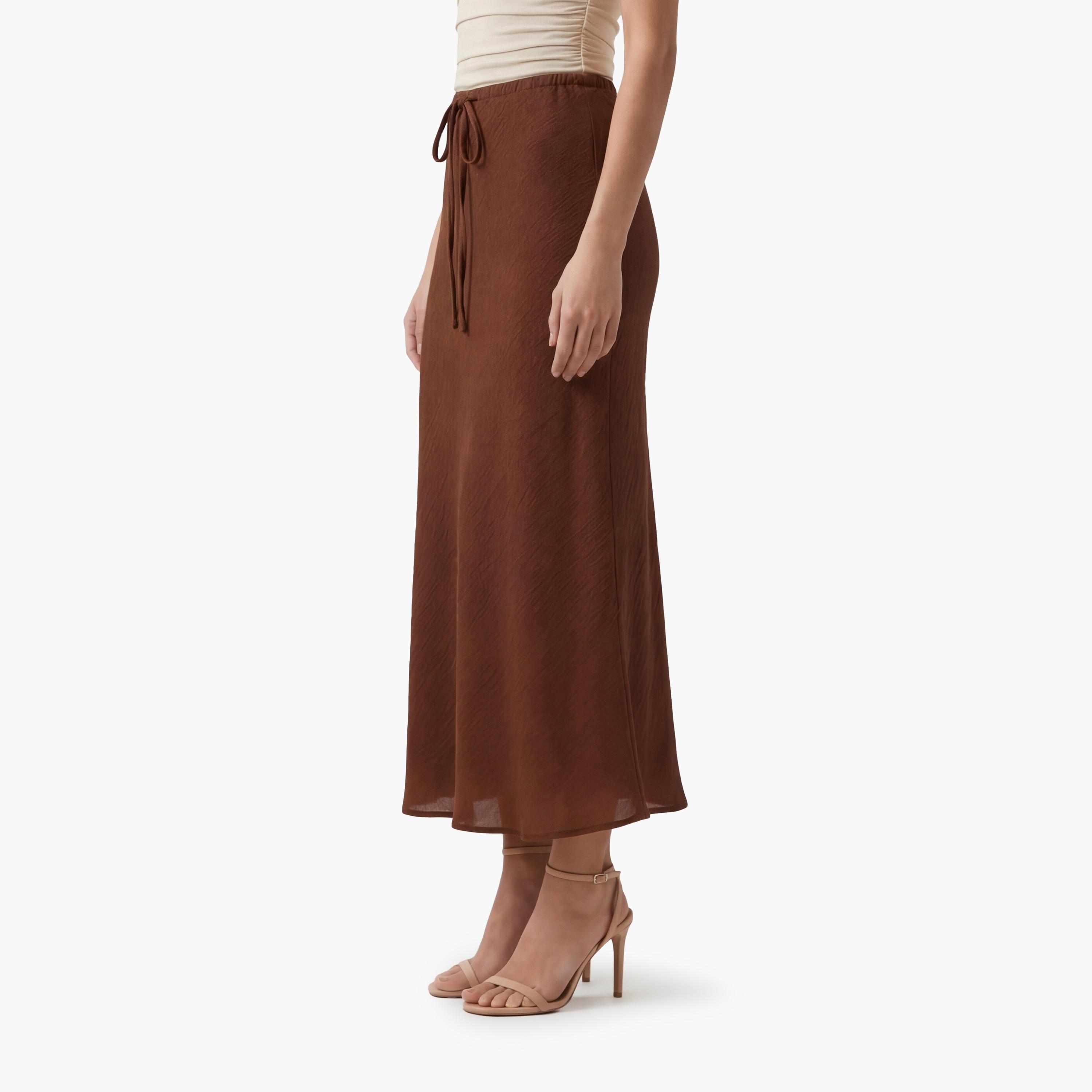 تنورة ميدي نسائية قصة "ايه-لاين" بلون بني من كوتون-women-clothing-bottoms-skirts-image-3