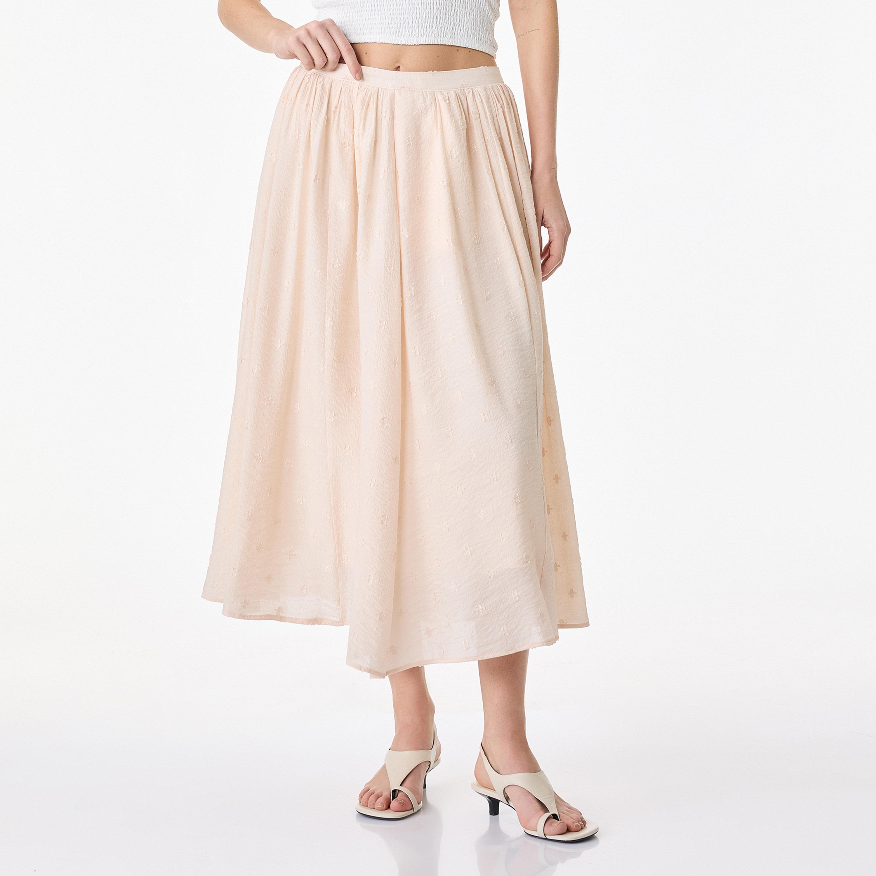تنورة ميدي نسائية بقصة كلوش (فلير) بلون بيج من كوتون-women-clothing-bottoms-skirts-image-1