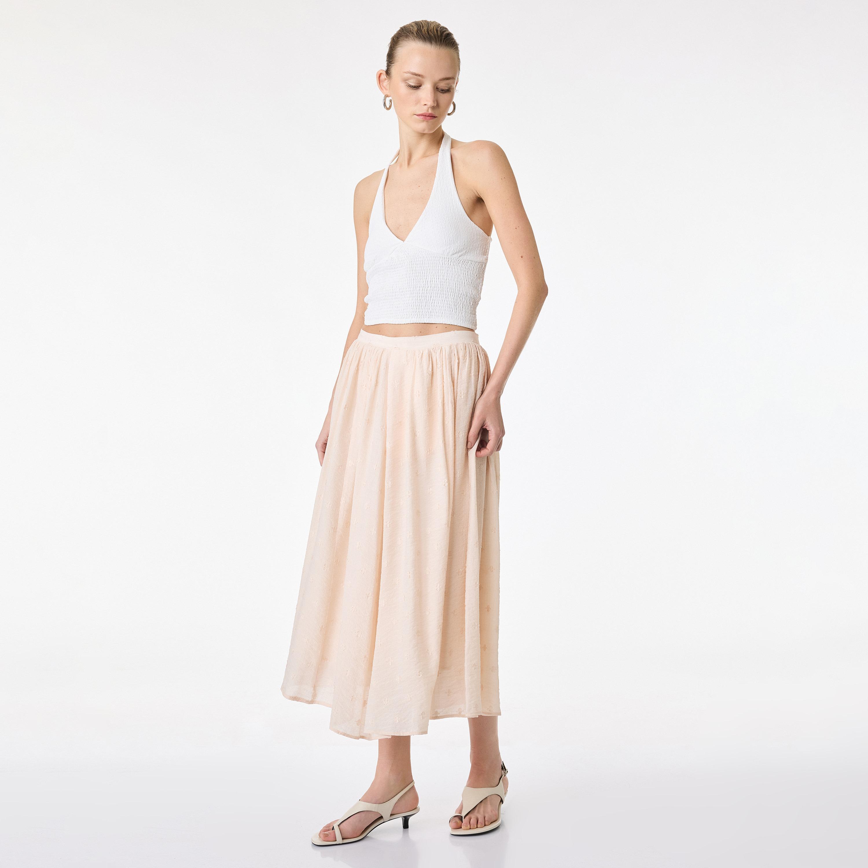 تنورة ميدي نسائية بقصة كلوش (فلير) بلون بيج من كوتون-women-clothing-bottoms-skirts-image-2