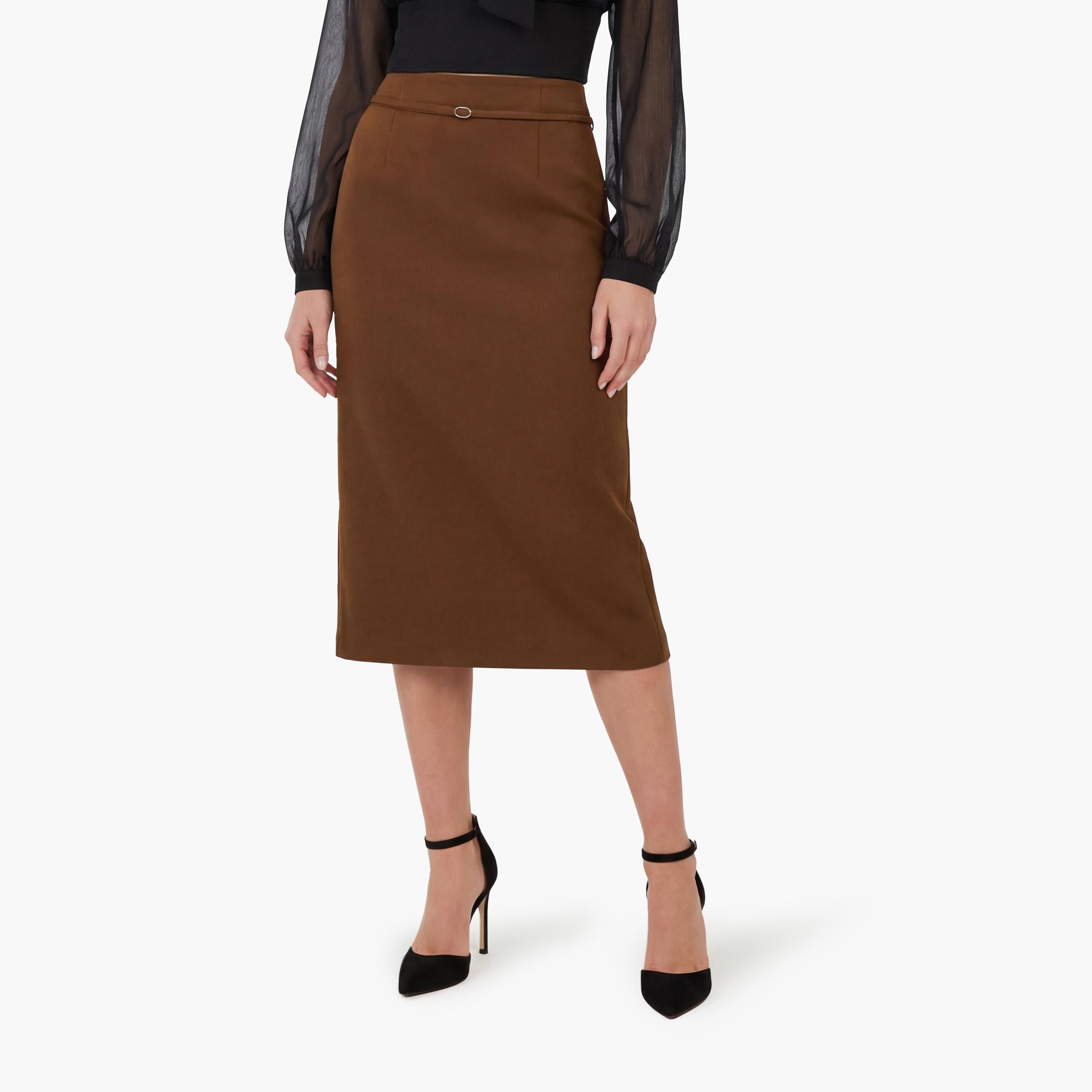 تنورة ميدي نسائية قصة قلم الرصاص (بنسل) بلون بني من كوتون-women-clothing-bottoms-skirts-image-1