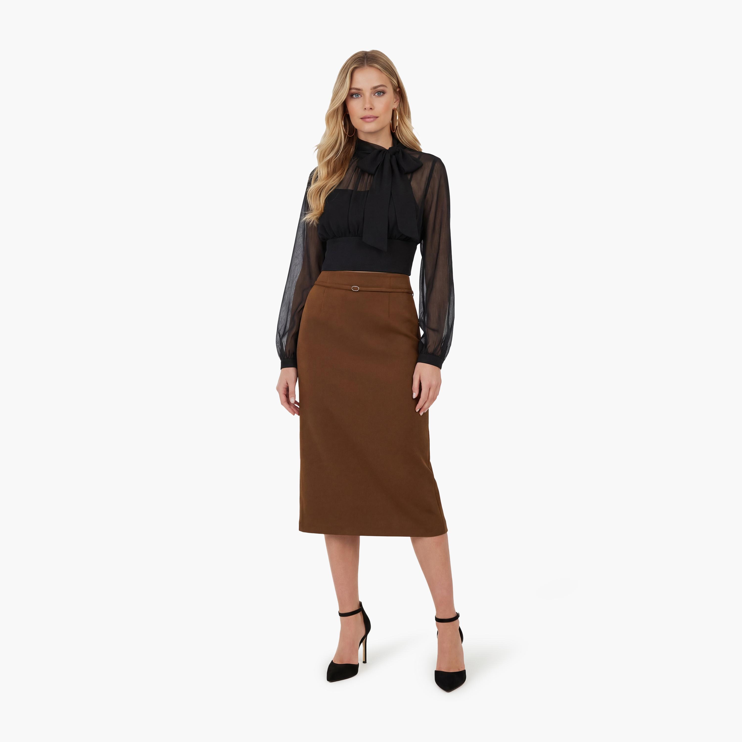 تنورة ميدي نسائية قصة قلم الرصاص (بنسل) بلون بني من كوتون-women-clothing-bottoms-skirts-image-2