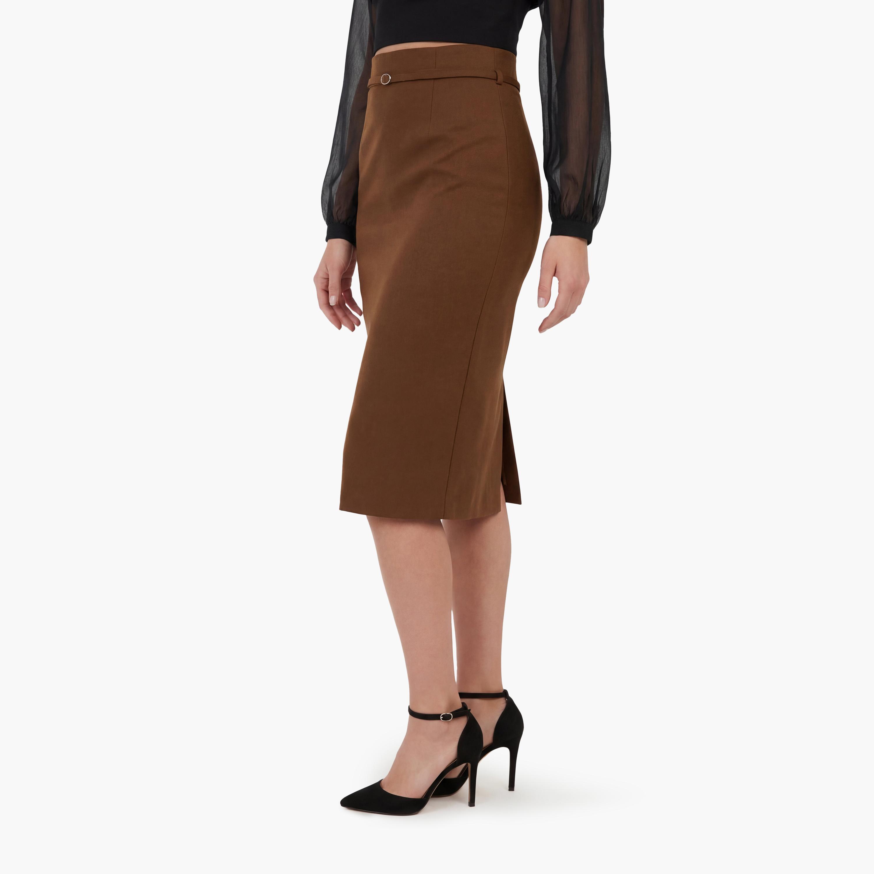 تنورة ميدي نسائية قصة قلم الرصاص (بنسل) بلون بني من كوتون-women-clothing-bottoms-skirts-image-4